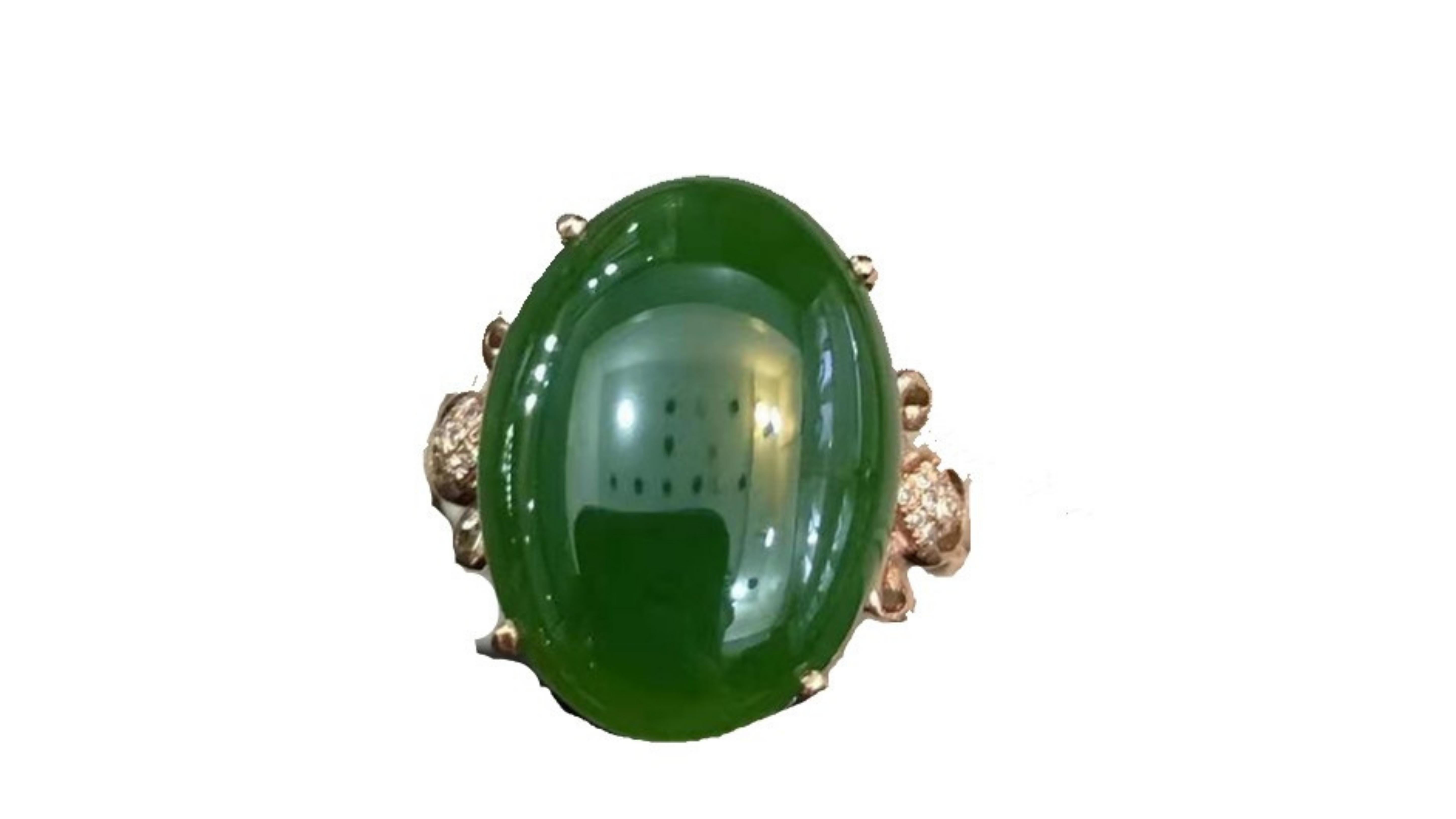 
Jasper Diamond Ring 18 Karat Rose Gold with 12 small diamonds 

Green Jasper was such a famous stone in ancient times that its name can be found in Arabic, Persian, Hebrew, Assyrian, Greek, and Latin. It is still considered as a nurturing, healing,