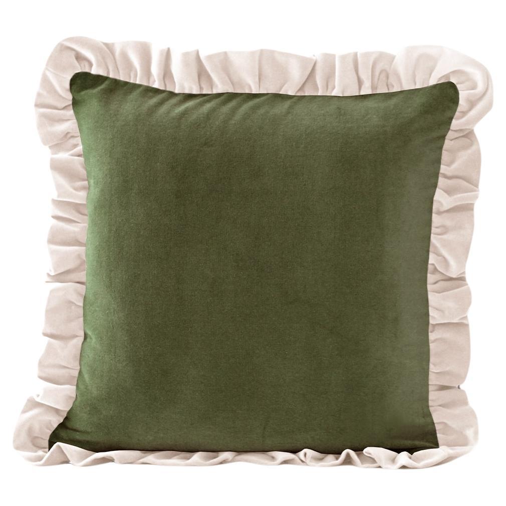 Cuscino decorativo Jasper Dry verde e avorio con volant in velluto deluxe fatto a mano