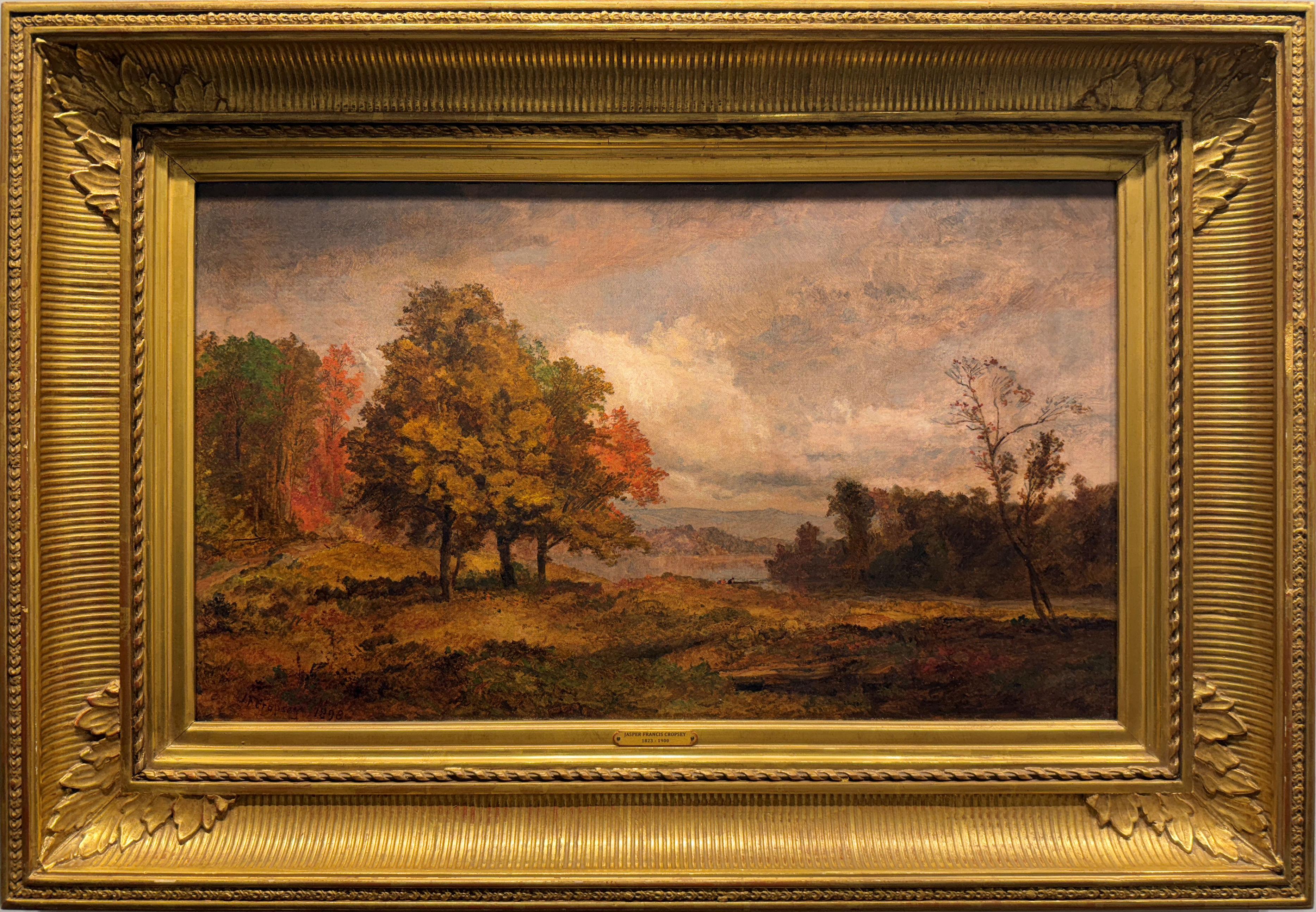 Jasper F. Cropsey
Eine Herbstlandschaft
Unterzeichnet und datiert J.F. Cropsey 1898
Öl auf Leinwand
14 x 24 Zoll

Provenienz
Private Collection Texas, erworben in den frühen 1900er Jahren
Von dort gelangte es durch Erbfolge an den heutigen