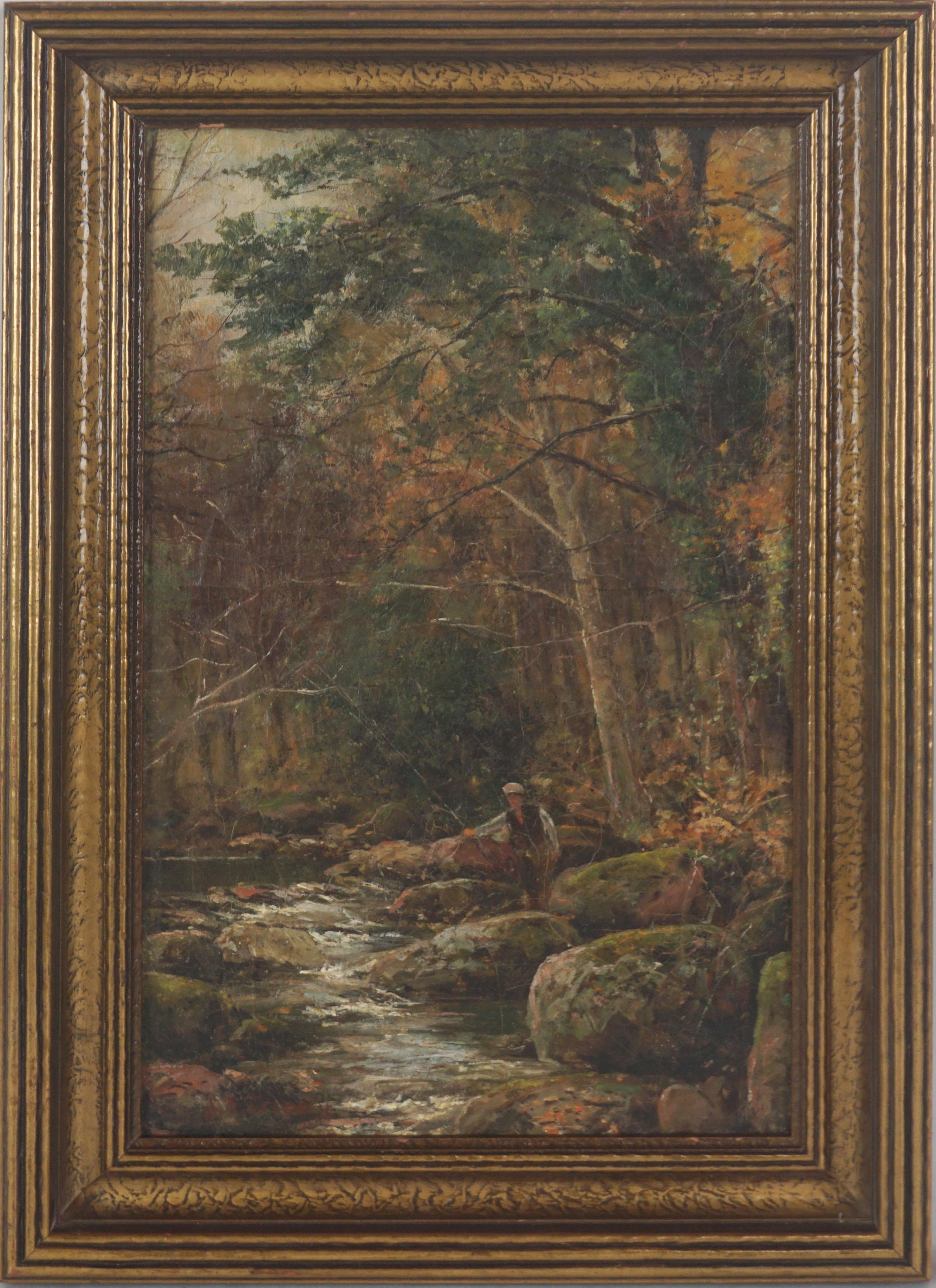 Original Hudson River School Autumn Painting of Fly Fisherman by Woodland Stream - Black Figurative Painting by Jasper Francis Cropsey