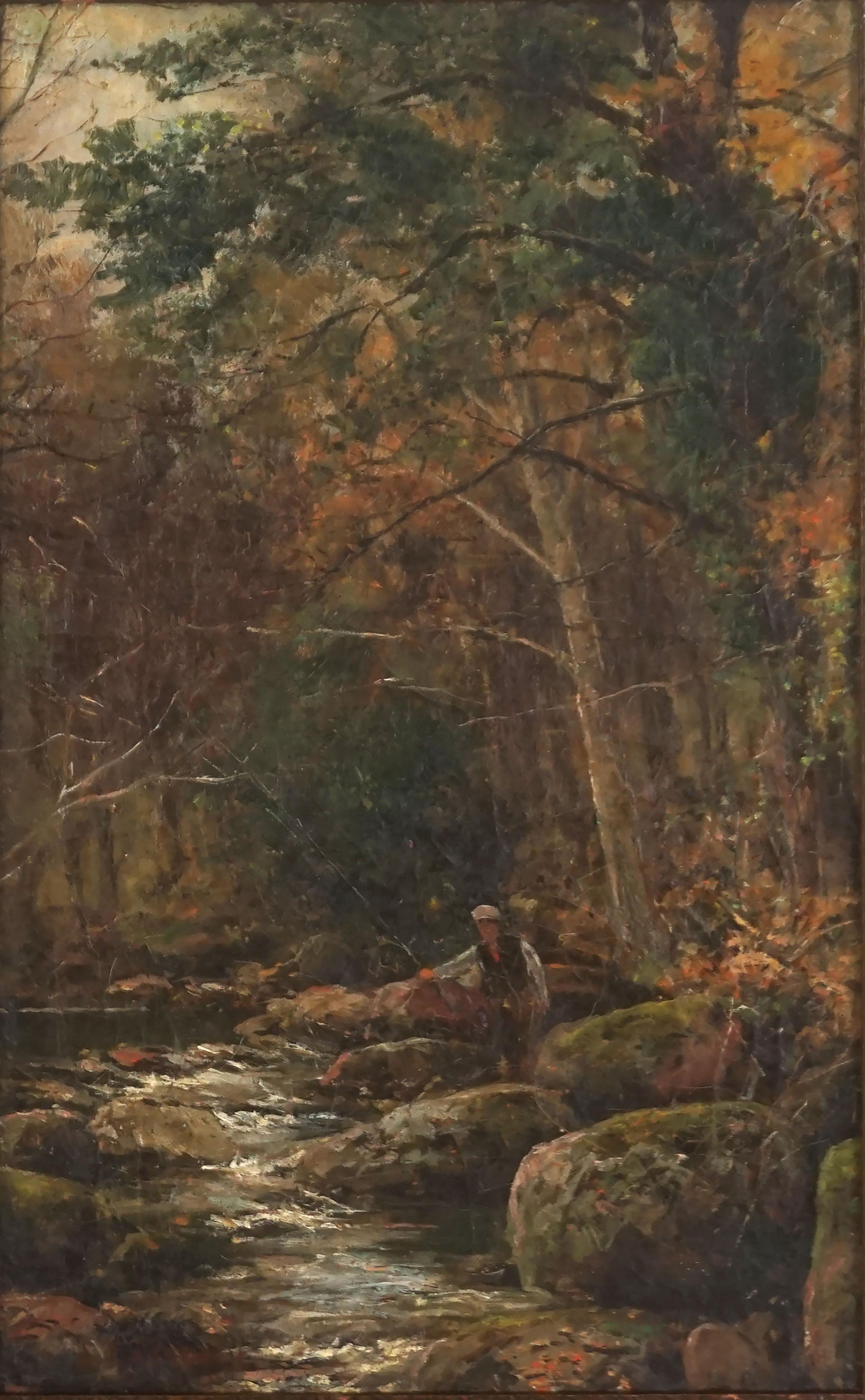 Original Hudson River School Catskill Mountain Autumn Painting of Trout Fly Fisherman at Woodland Stream by Jasper Francis Cropsey

A leading painter of the Hudson River School, Jasper Francis Cropsey (American, 1823-1900) was renowned for his