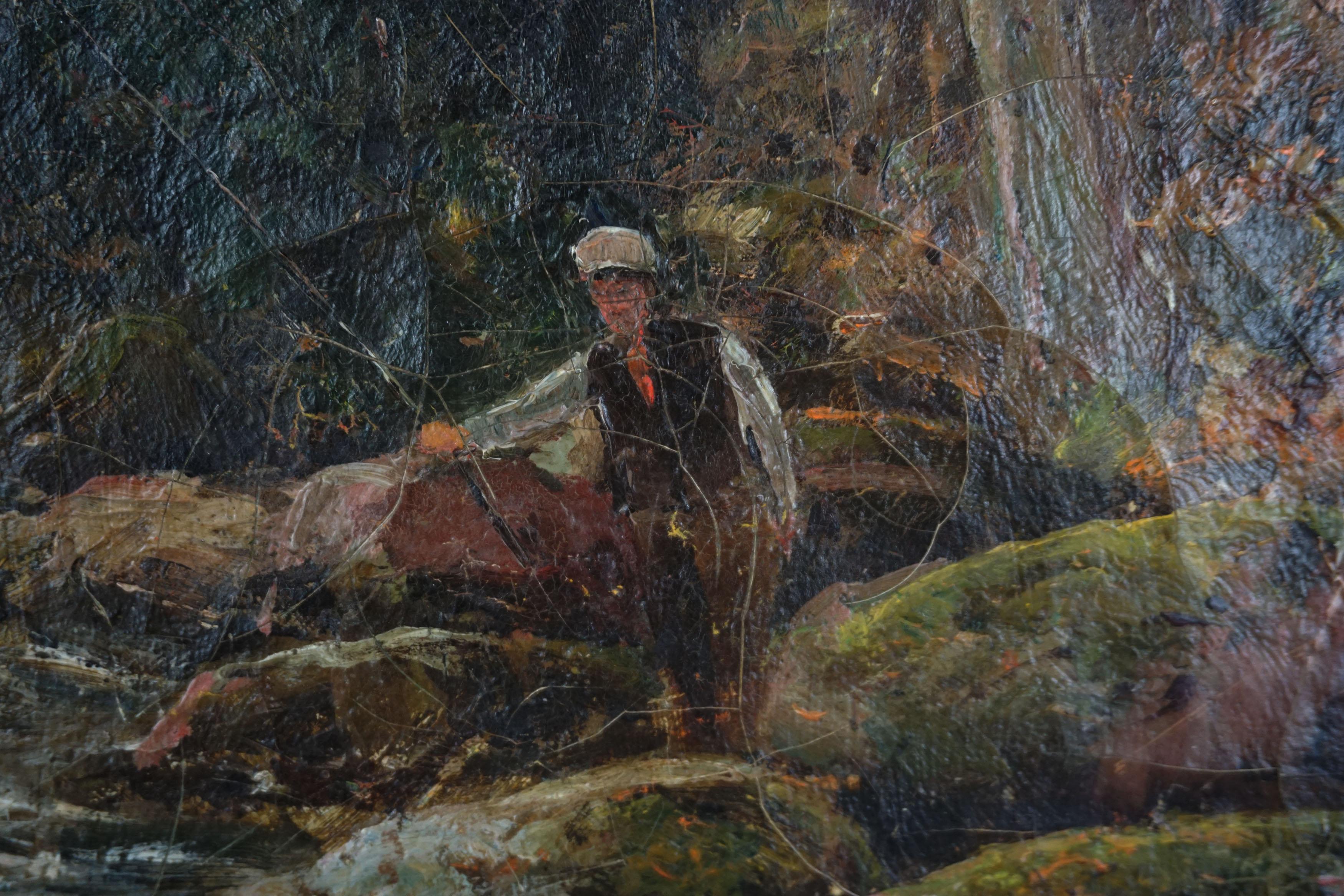 Original Hudson River School Autumn Painting of Fly Fisherman by Woodland Stream For Sale 1