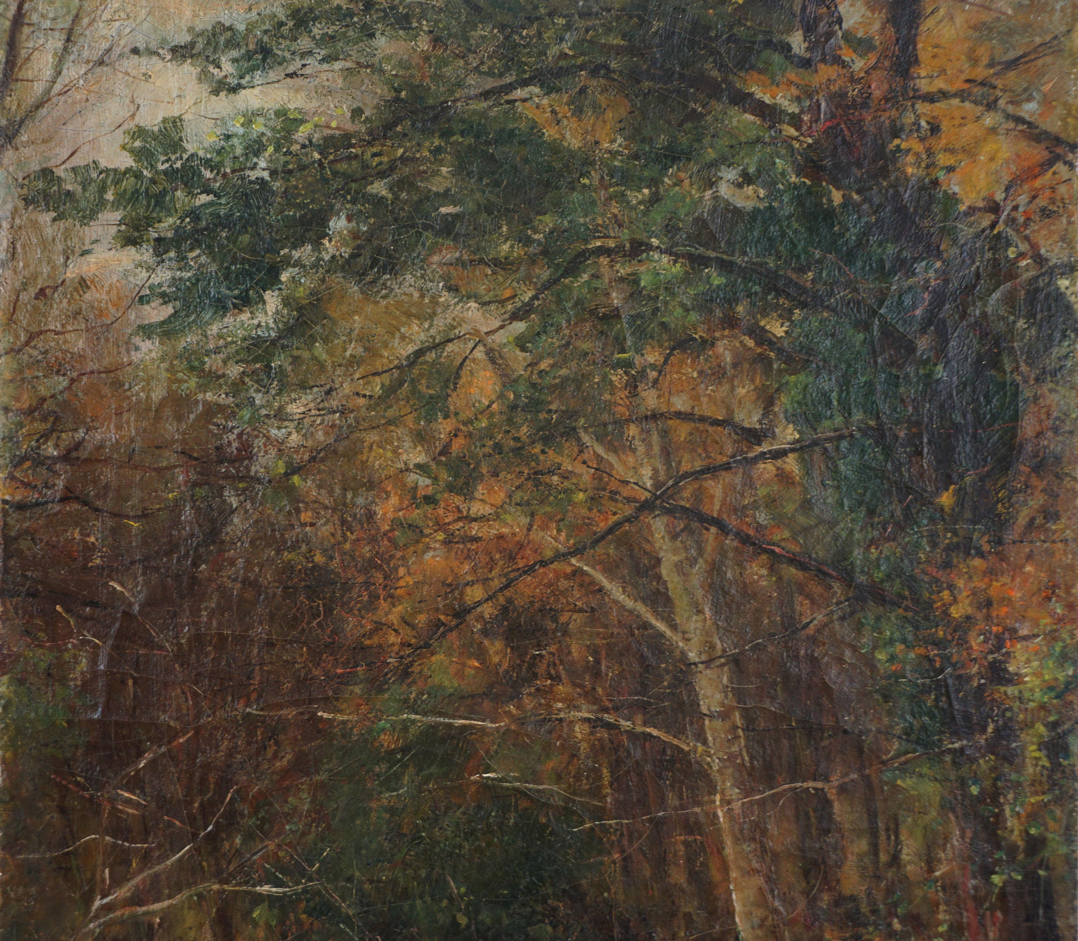 Original Hudson River School Autumn Painting of Fly Fisherman by Woodland Stream For Sale 2