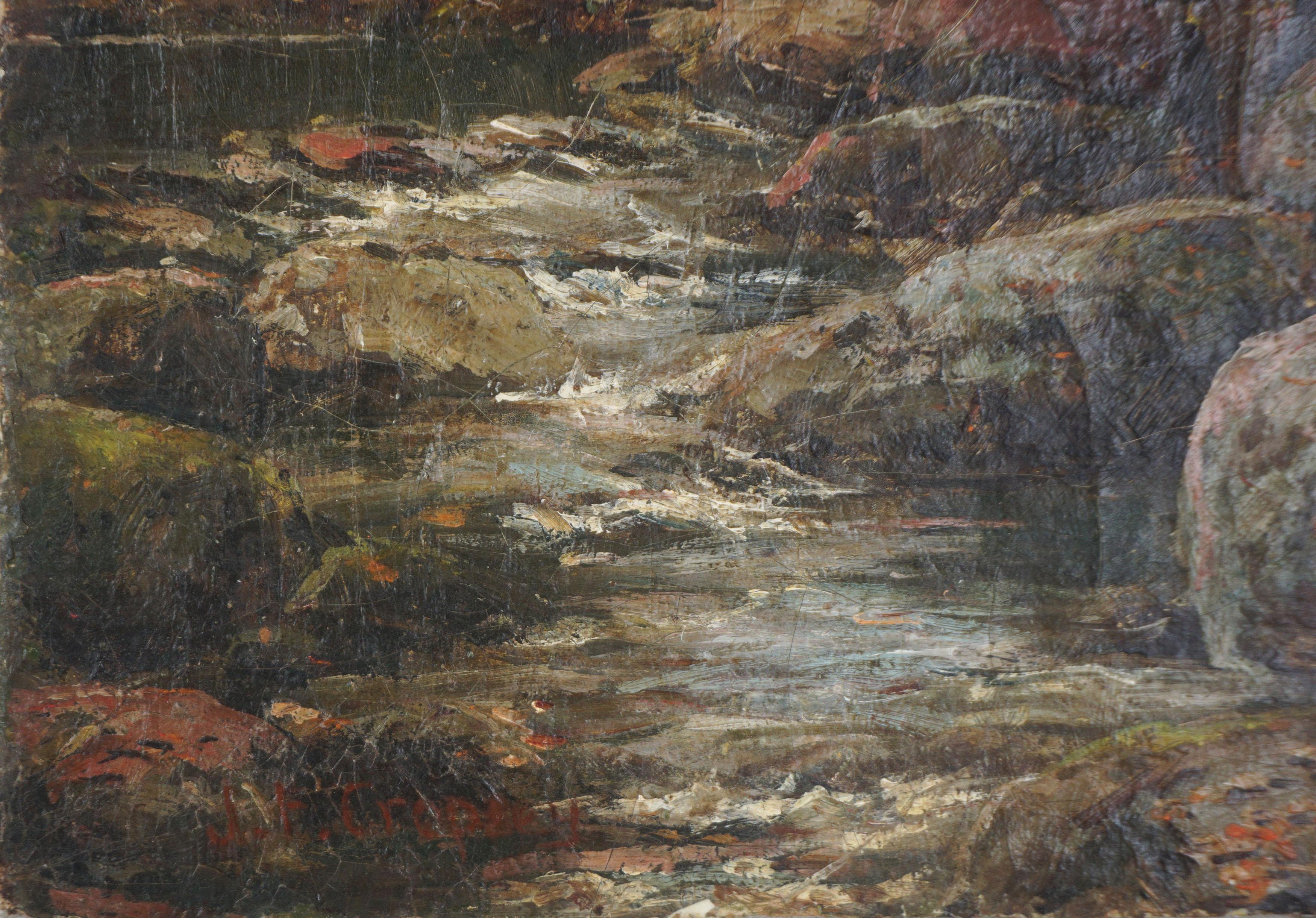 Original Hudson River School Autumn Painting of Fly Fisherman by Woodland Stream For Sale 3