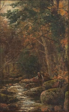 Original Hudson River School Autumn Painting of Fly Fisherman by Woodland Stream