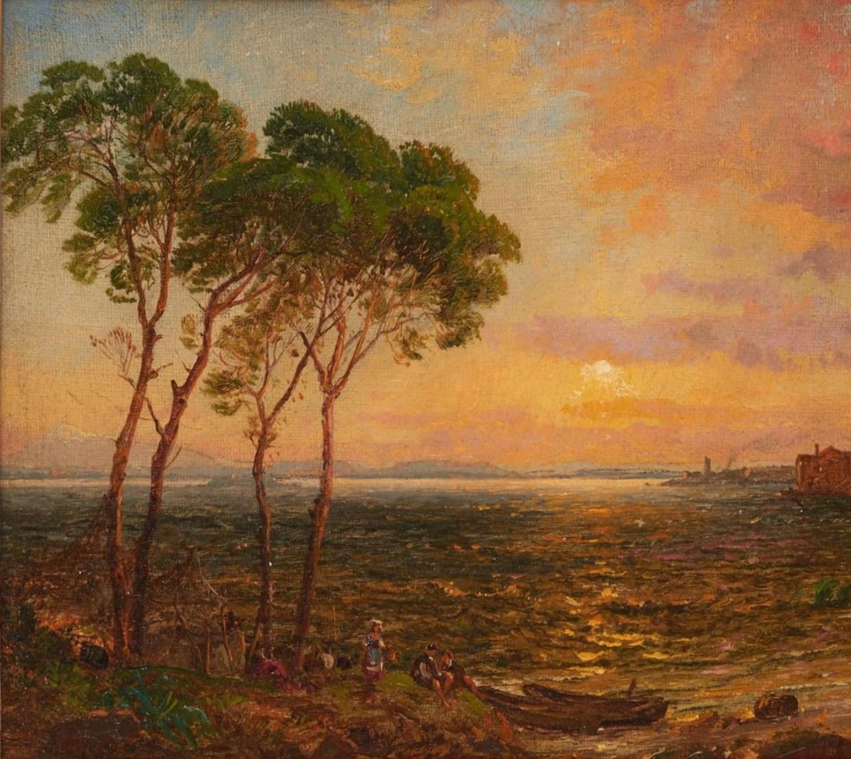 “Sunset over Lake Thrasemine” - Brown Landscape Painting by Jasper Francis Cropsey