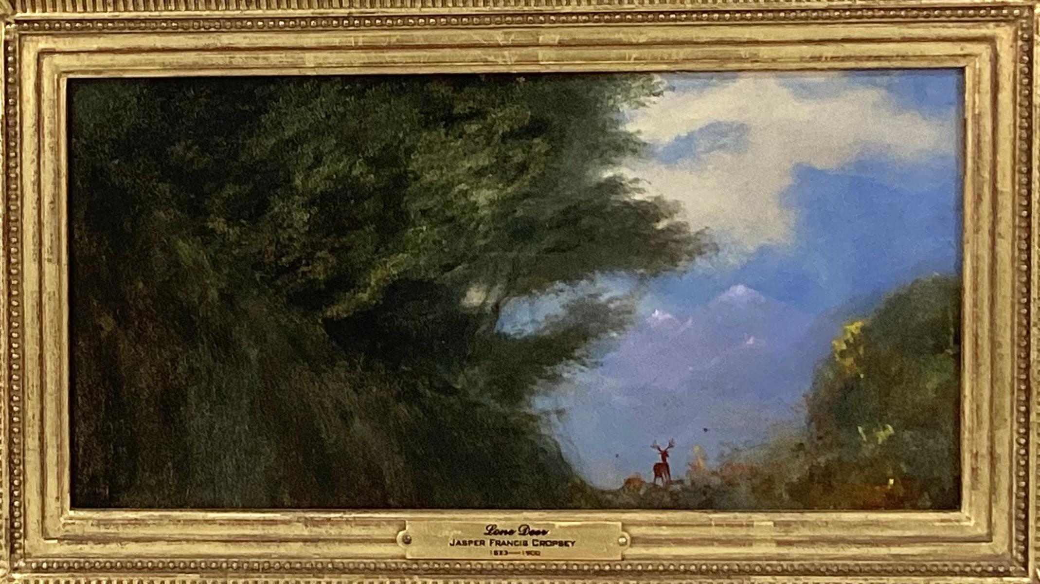 Signed and attributed to Jasper Francis Cropsey (American, 1823-1900) oil on board painting, titled Lone Deer. Earth tone green forest with blue sky and one lone brown deer. Dated and signed in lower right corner. Copy of a 2005 receipt from a New