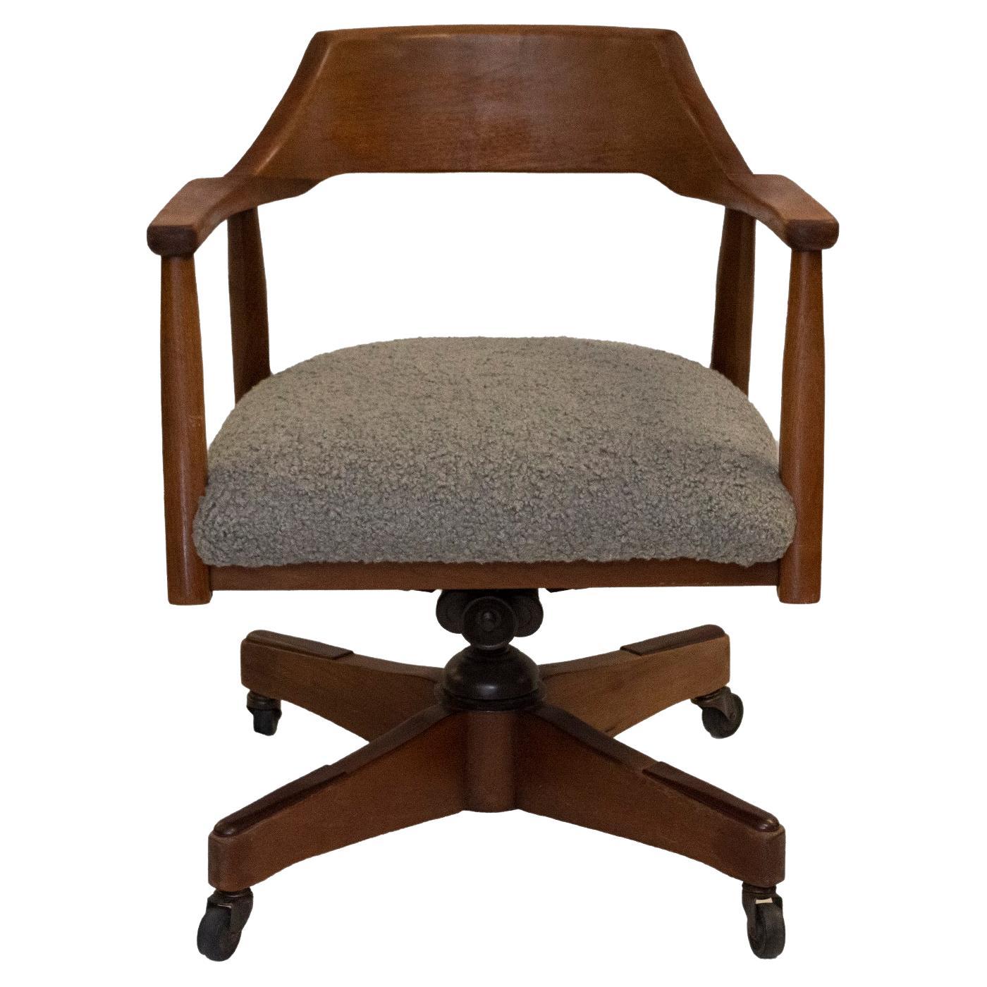 Jasper Furniture Walnut Desk Chair in Grey Faux Shearling Bouclé For Sale