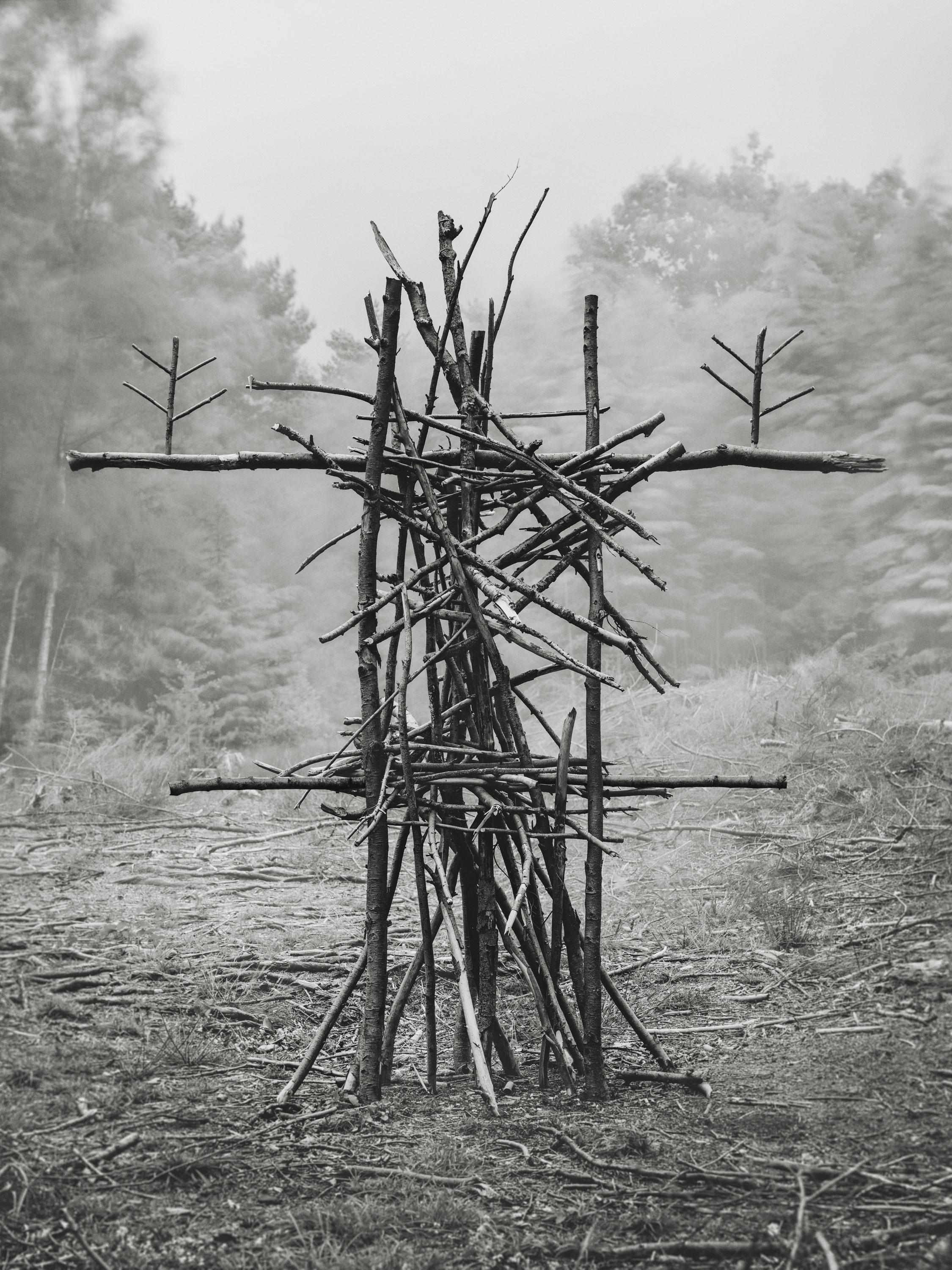 Jasper Goodall Black and White Photograph - Forest Figure 01 - Black and White - Talismanic Figure, Sculptural Wood - cross