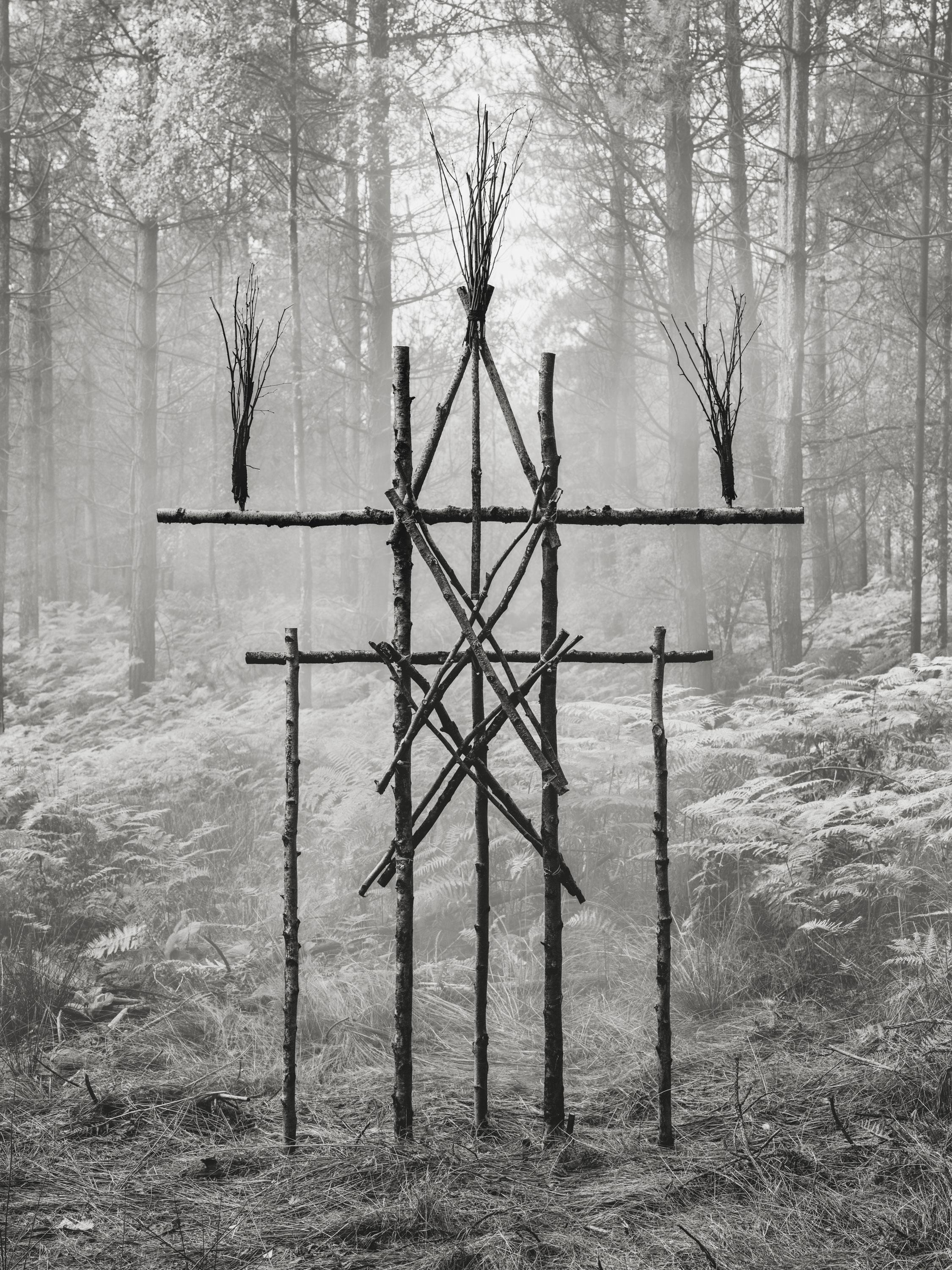 Jasper Goodall Abstract Sculpture – Talismatische Waldfigur 04 Schwarzer und weißer skulpturaler Holzdruck