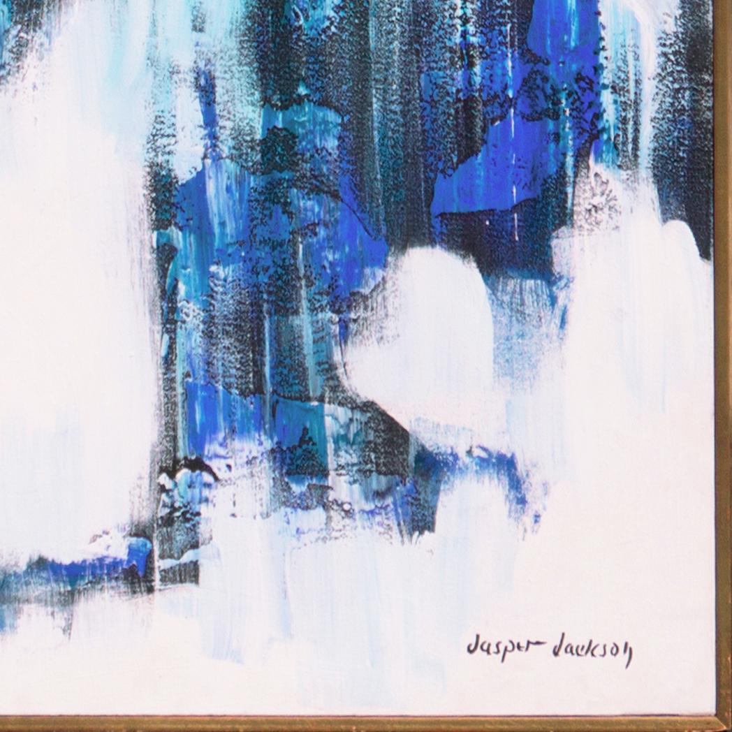 'Abstract in Ultramarine and Pearl', Large 1970's American Action Abstract Oil - Gray Abstract Painting by Jasper Jackson