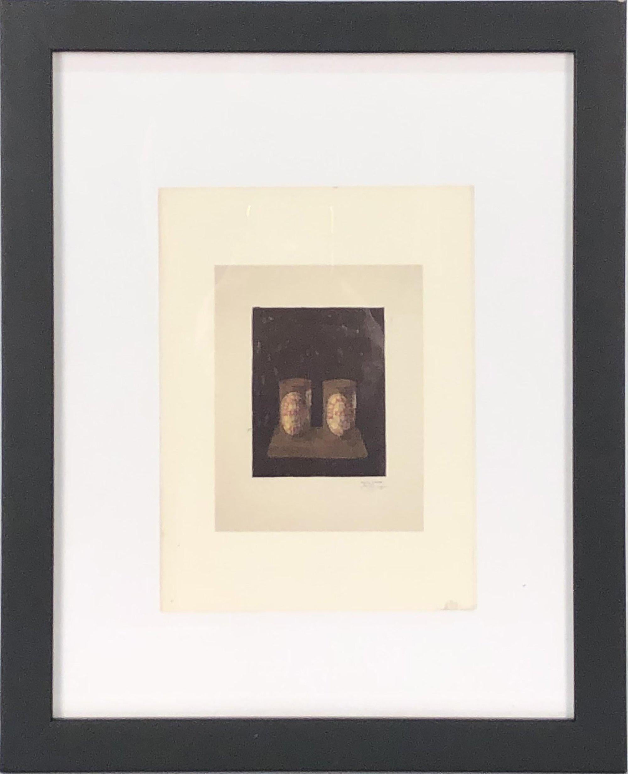 This framed original invitation celebrates the recent works of Jasper Johns, presented at Brooke Alexander Gallery. The invitation features Johns' artwork Two Ale Cans, symbolizing the enduring friendship between Jasper Johns and fellow artist