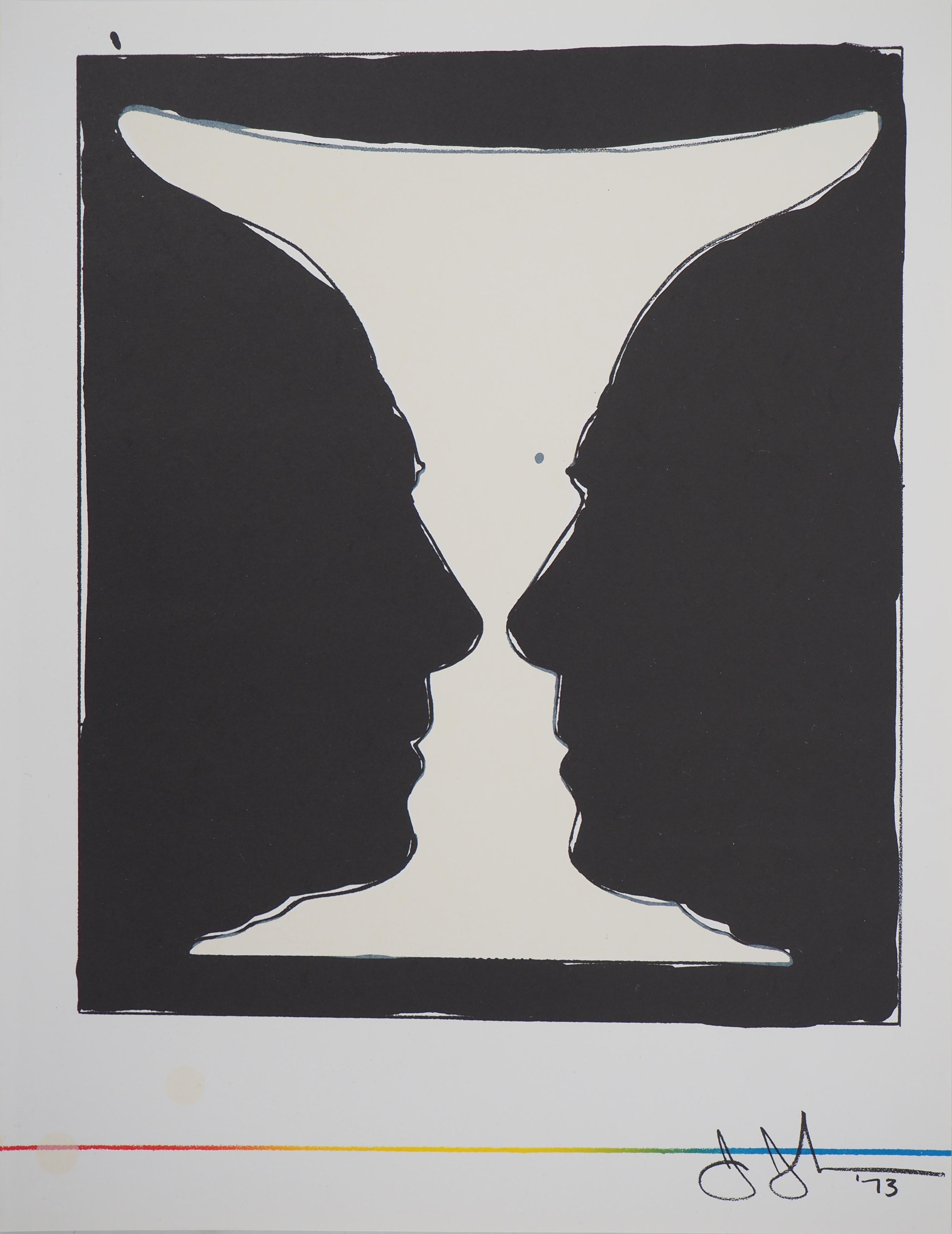 Jasper Johns Figurative Print - Cup with Two Picasso Profiles - Original lithograph (Mourlot 1973)
