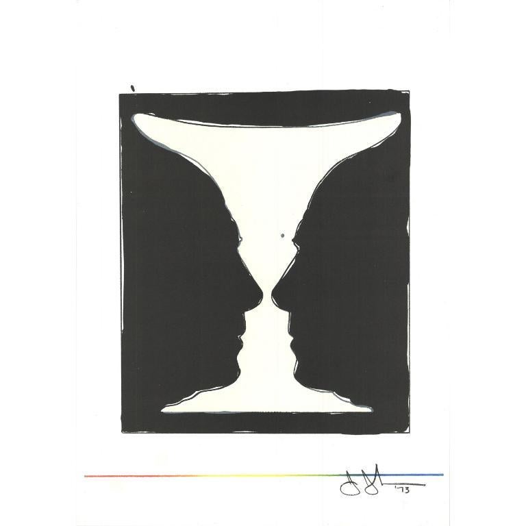 Plate-signed and dated color lithograph printed by Mourlot, Paris. From one side, two profiles of jasper Johns appear face to face while a cup appears in the open space between both profiles. 
"Two Cups Picasso" by Jasper Johns, created in 1973, is