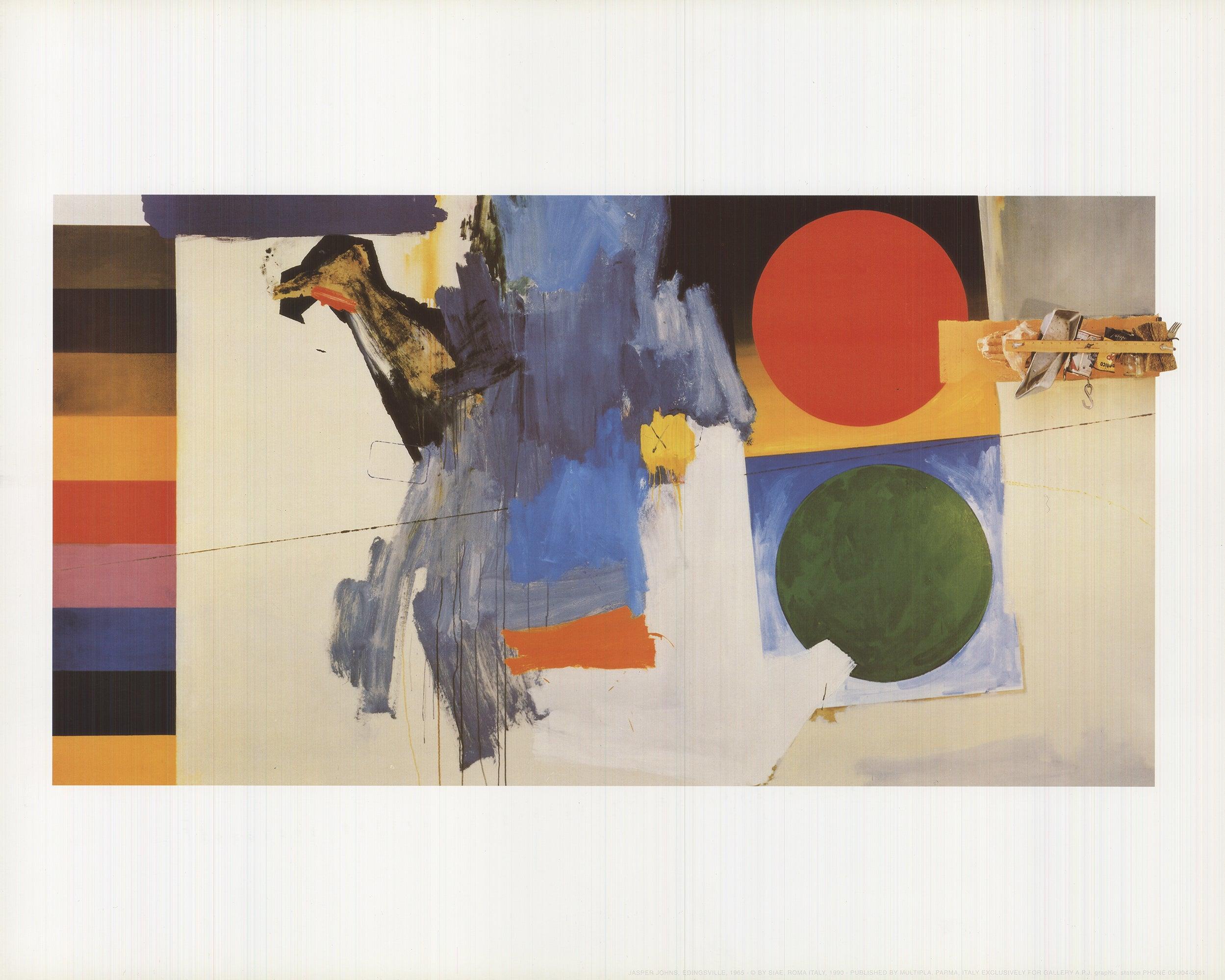 This reproduction of Edingsville by renowned American artist Jasper Johns, published by Edition 5 in Germany, offers a faithful and striking representation of the original artwork. Jasper Johns is celebrated for his innovative use of common symbols