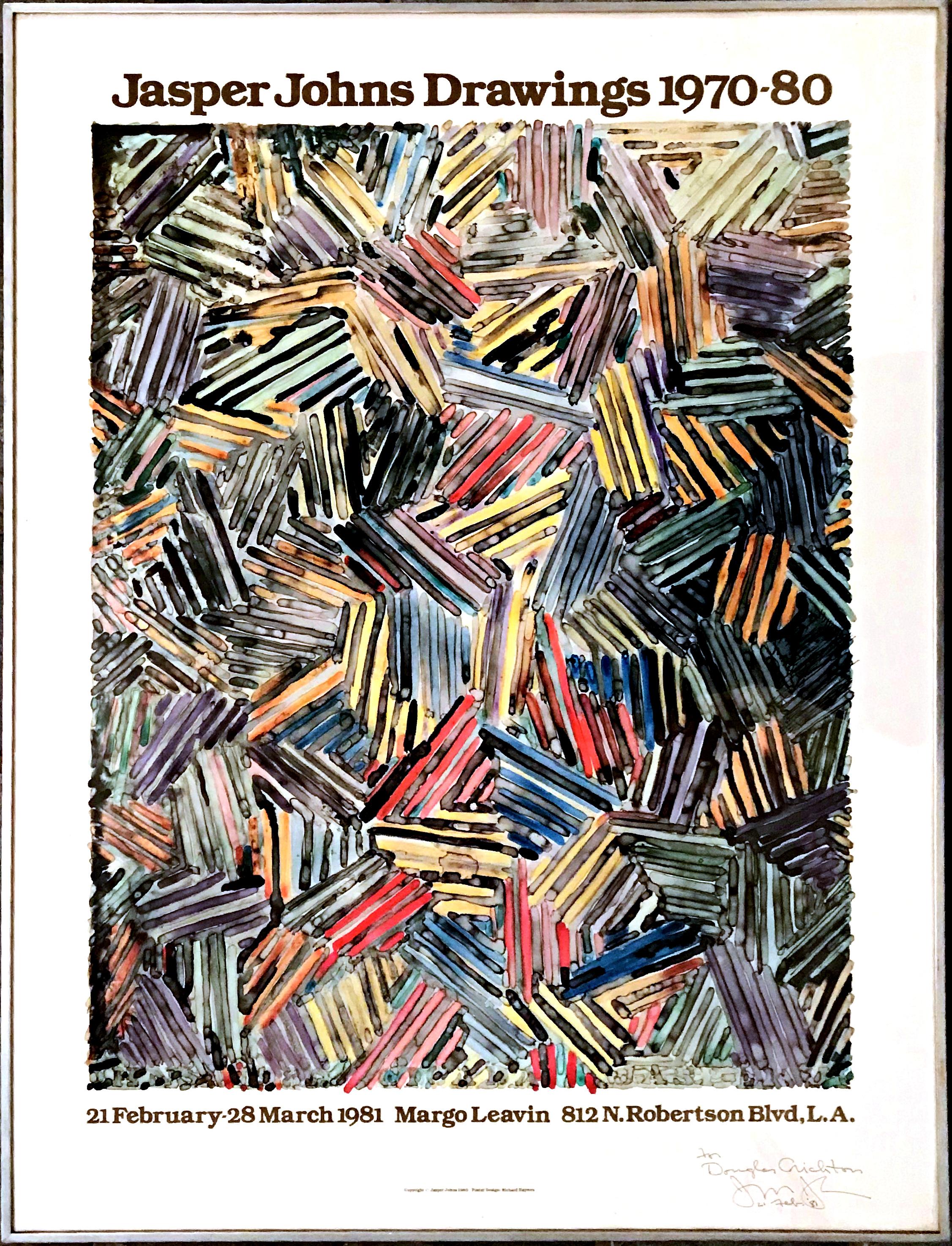 Jasper Johns
Jasper Johns-Zeichnungen (handsigniert und beschriftet für den Bruder von Michael Crichton), 1980-1981
Farbiges Offset-Lithografie-Plakat für die Ausstellung der Margo Leavin Gallery 
Signiert, datiert und gewidmet in Tinte von Jasper