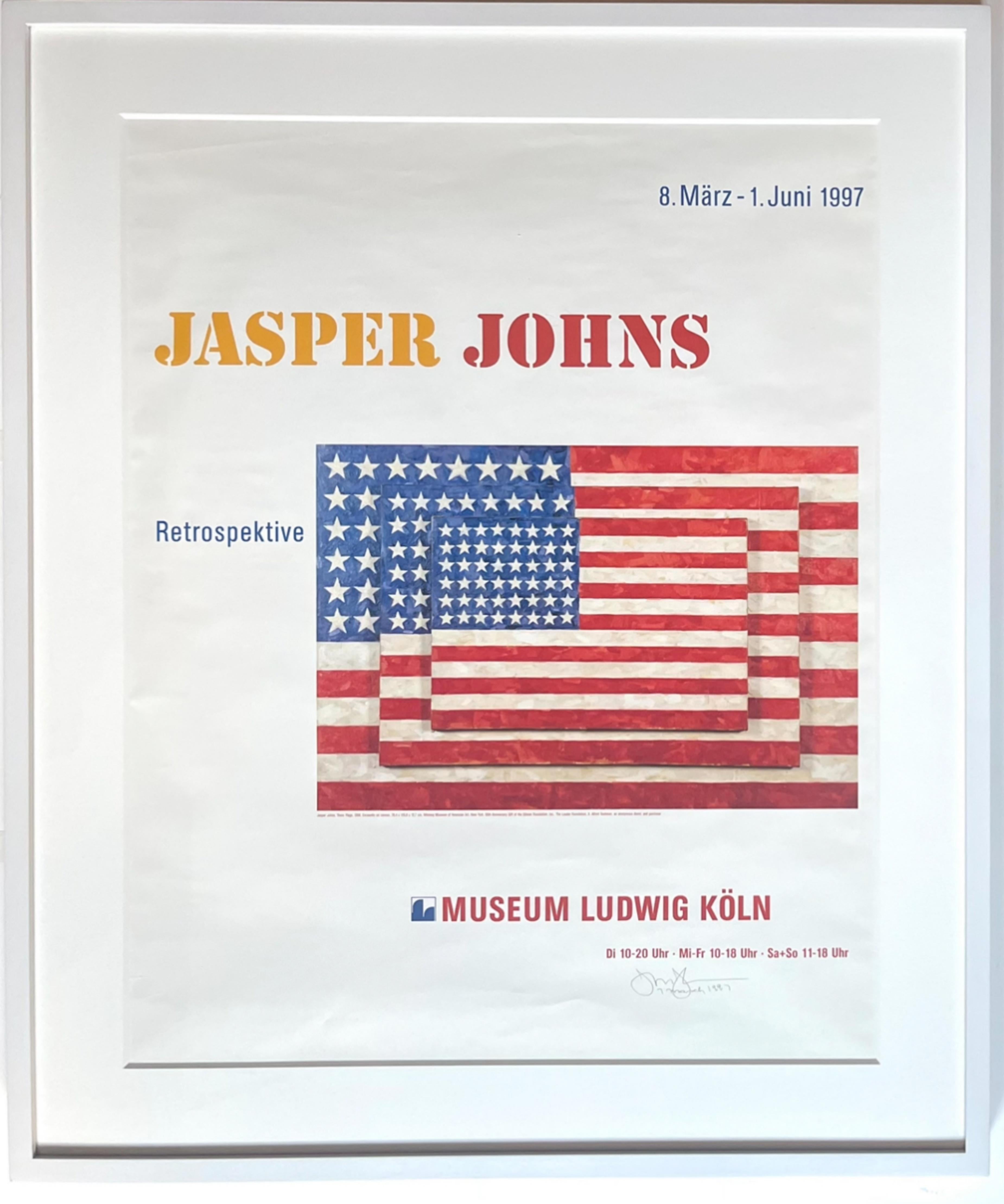 Poster in litografia offset
Firmato e datato da Jasper Johns in occasione della retrospettiva di Jasper Johns al Ludwig Museum di Colonia nel 1997, con le sue iconiche immagini della bandiera.
Jasper Johns era presente all'inaugurazione il 7 marzo