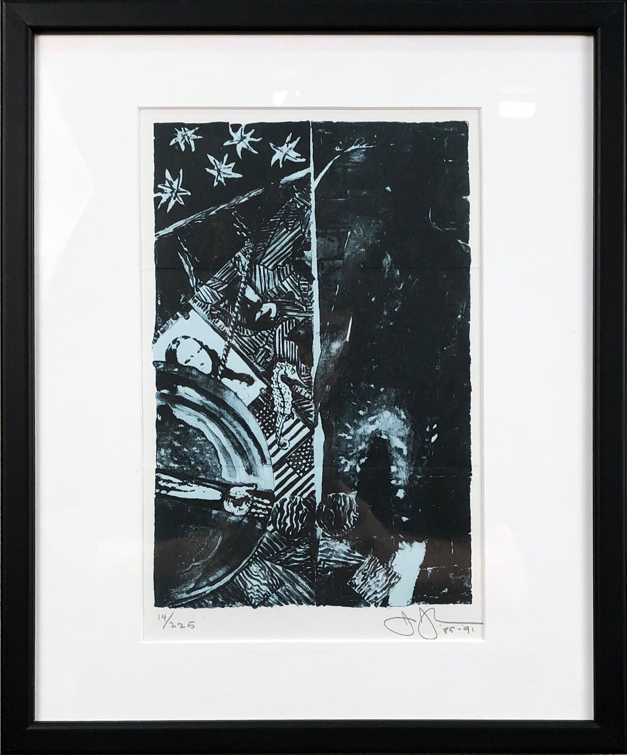 Opening invitation for a Jasper Johns exhibit titled The Seasons, Prints and related Works held at Brooke Alexander gallery from November 9th, 1991 to January 4th, 1992.
Signature and numbering are printed, not by hand. Framed in a black wood frame