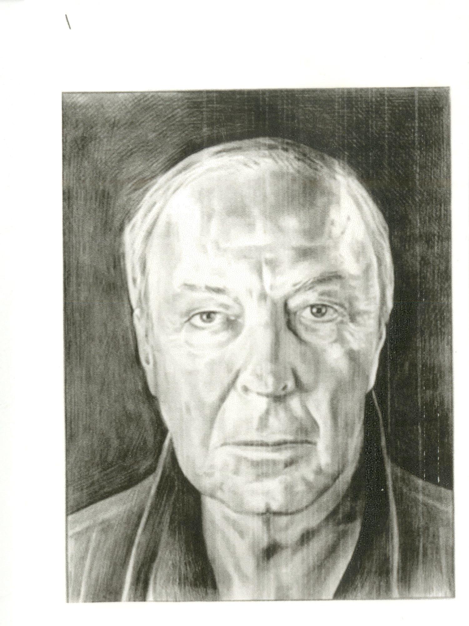 Jasper Johns and Phong Bui
Offset lithograph card of portrait of Jasper Johns by Phong Bui (hand signed and dated by Jasper Johns), 2008
Card depicting a portrait of Jasper Johns by Phong Bui
Hand signed and dated 12 May 08 by Jasper Johns on the