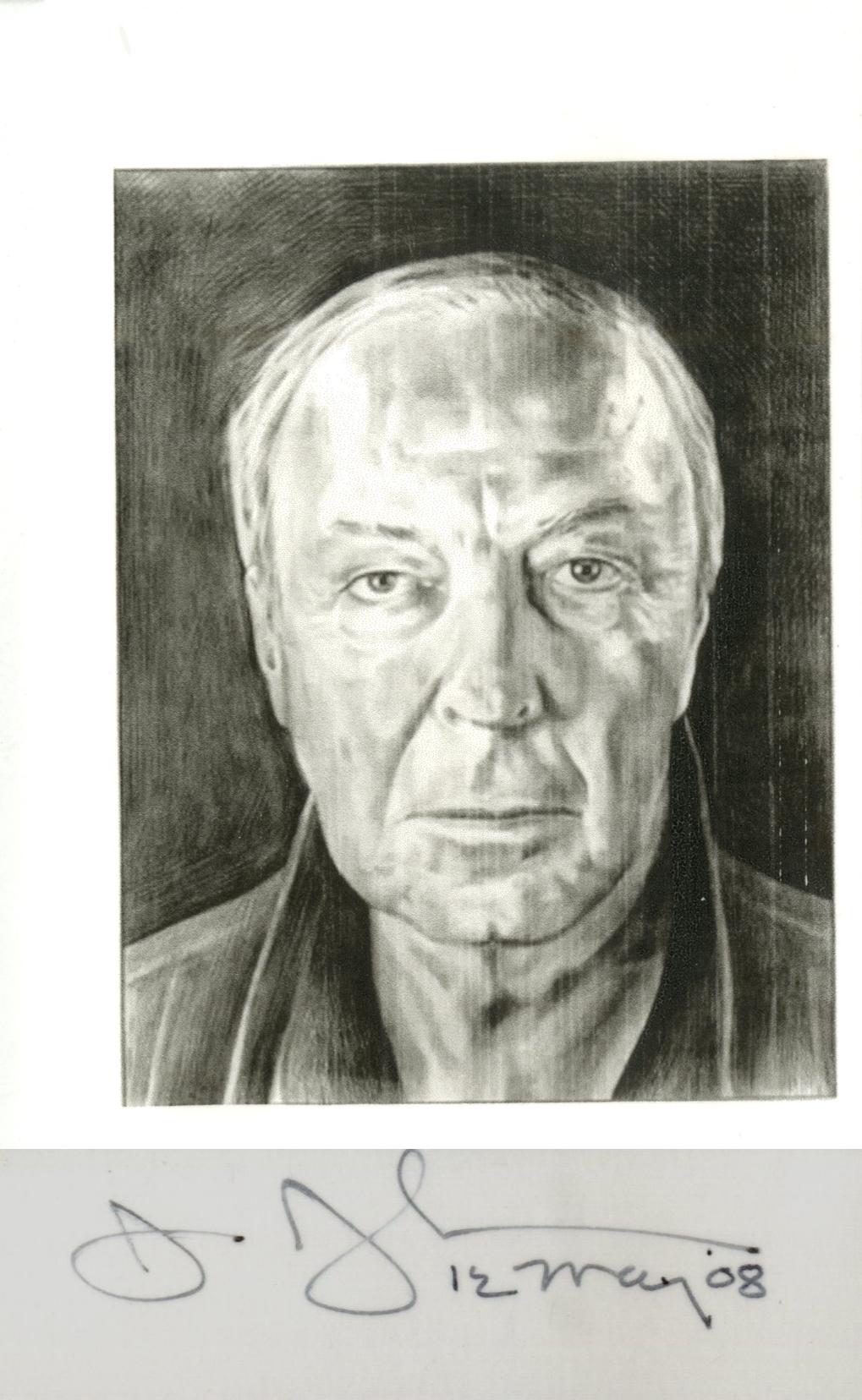Tarjeta postal del retrato de Jasper Johns realizado por Phong Bui, firmada a mano por Jasper Johns