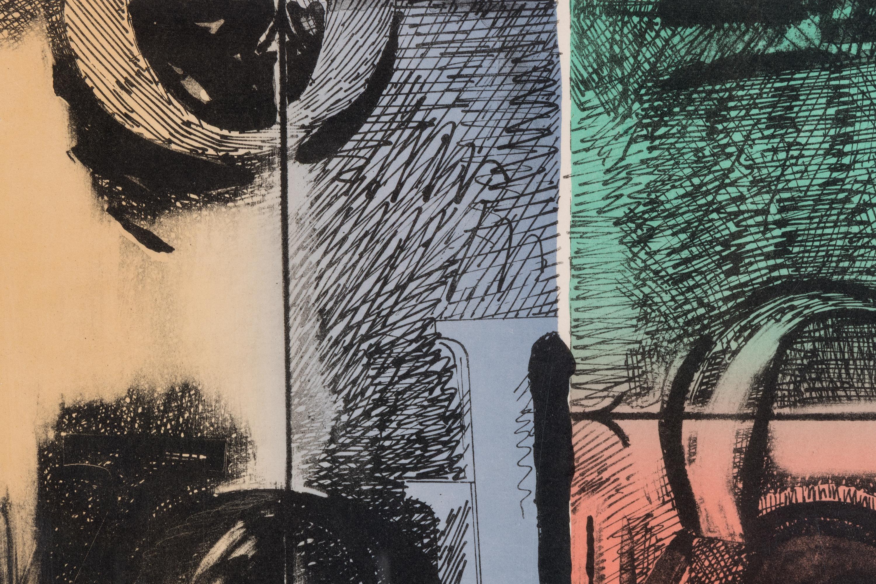 A print by Jasper Johns. “Voice 2” is a lithograph in seven colors on handmade Fred Stiegenthaler paper in a palette of vivid colors with heavy blacks by American painter and printmaker, Jasper Johns. This is edition 19/46. The artwork is signed in