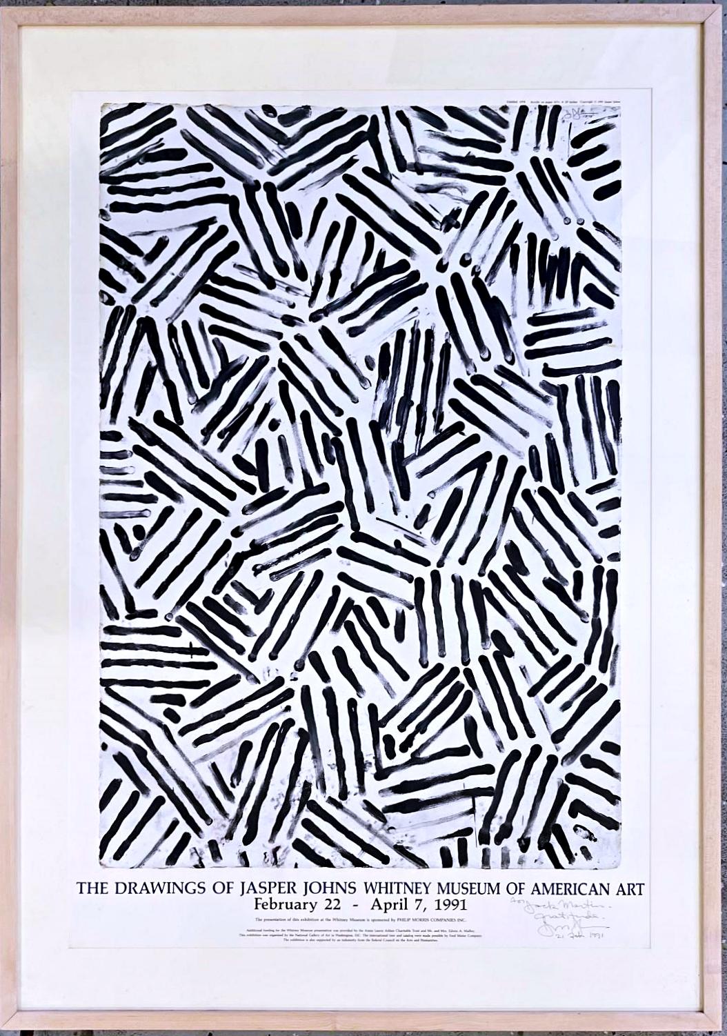 Jasper Johns
The Drawings of Jasper Johns (firmato e iscritto a mano da Jasper Johns), 1991
Una provenienza incredibile: Poster in litografia offset (firmato a mano e con dedica a Frank Martin, ex conservatore del Whitney Museum).
Firmato a mano e