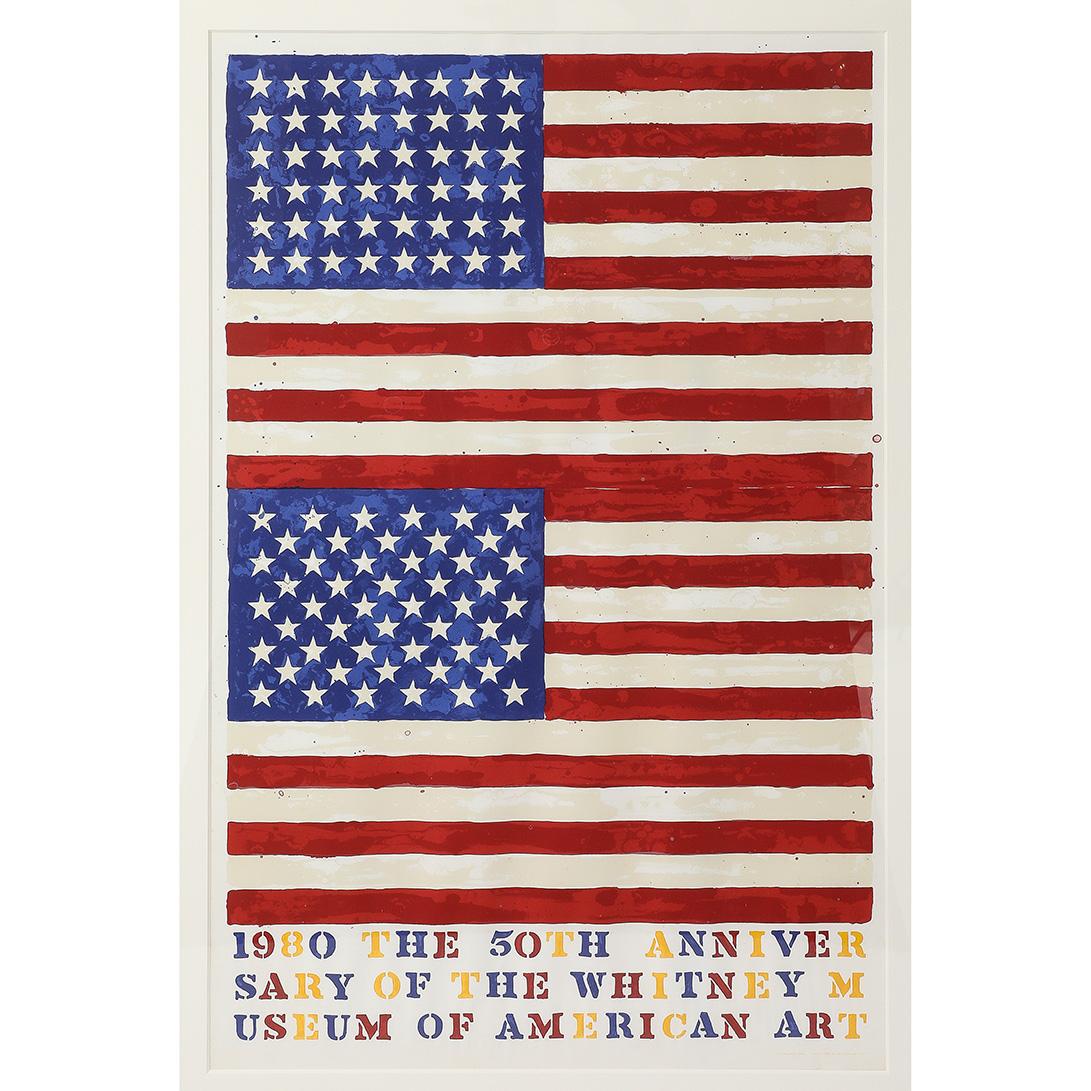 - Creata come parte della serie Two Flags per la celebrazione del 50° anniversario del Whitney Museum of Art nel 1980, questa litografia di Jasper Johns, rara e in edizione limitata, è un capolavoro grafico che mostra brillantemente i tratti