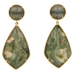 Vintage Jasper Labradorite Rock Crystal Doublet Earrings in 18 Karat Yellow Gold