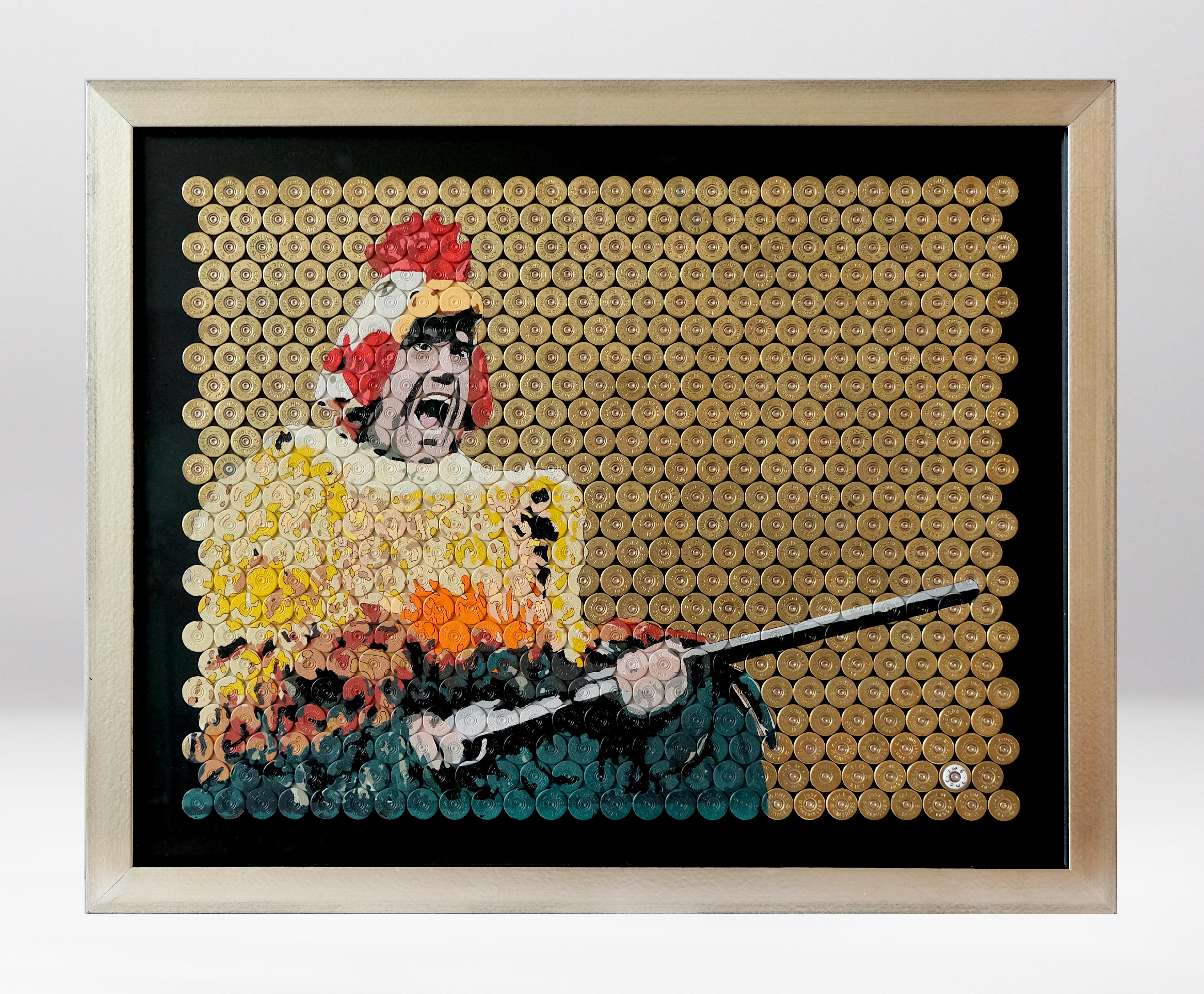 Be the Chicken ( Freddie the Chicken - Portrait à partir d'une douille de fusil de chasse recyclée - Painting de Jasper Leadbeater
