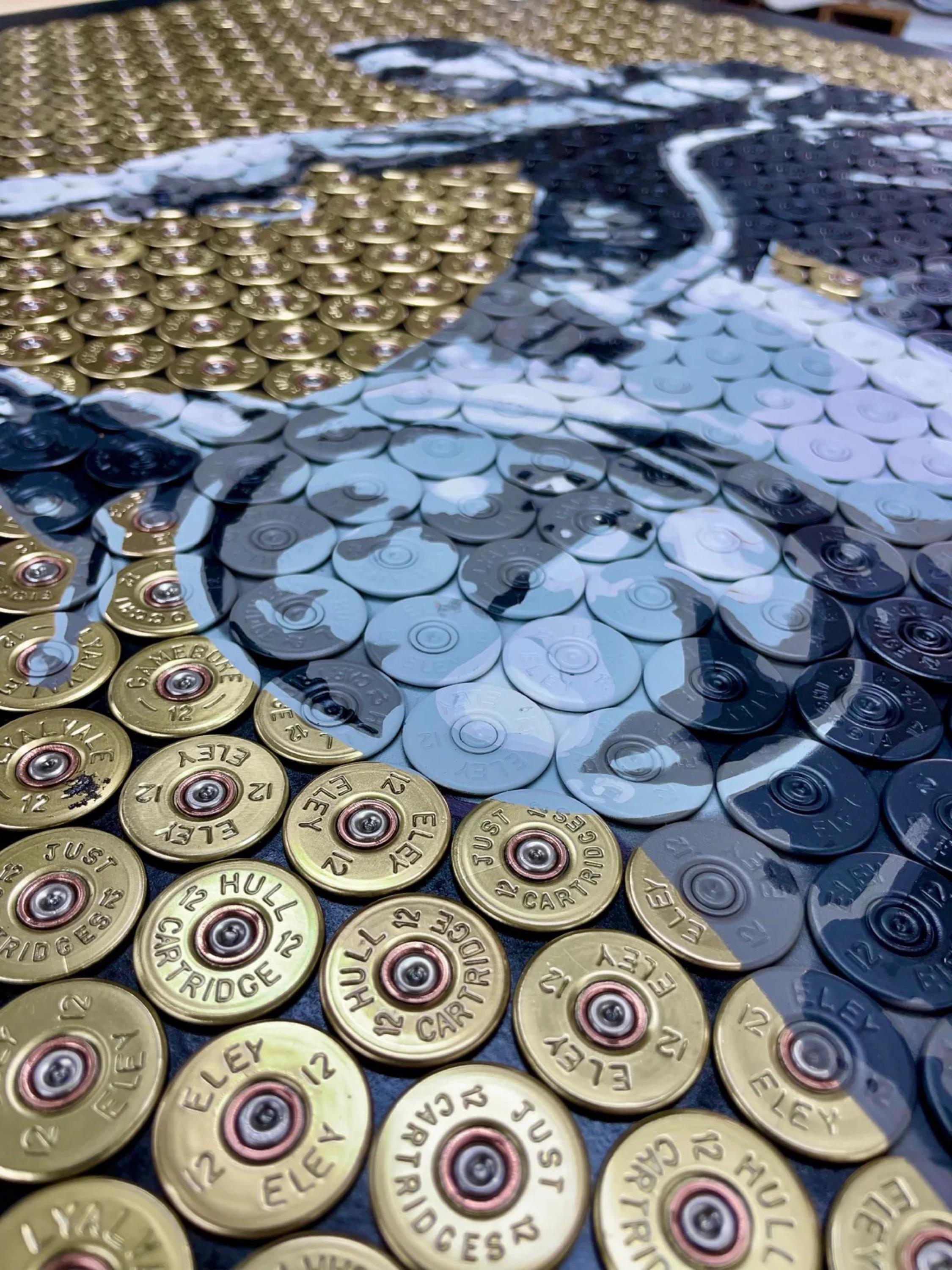 Jasper Leadbeater, Arnie - Arnold Schwarzenegger – Terminator 2: Judgment Day (Upcycled Shotgun Shell Portrait, Motorcycle Scene from James Cameron Sci-Fi Classic), 2025

Mixed media - Upcycled shotgun shells and spray-paint 
94 x 70 cm (37 x 27.56