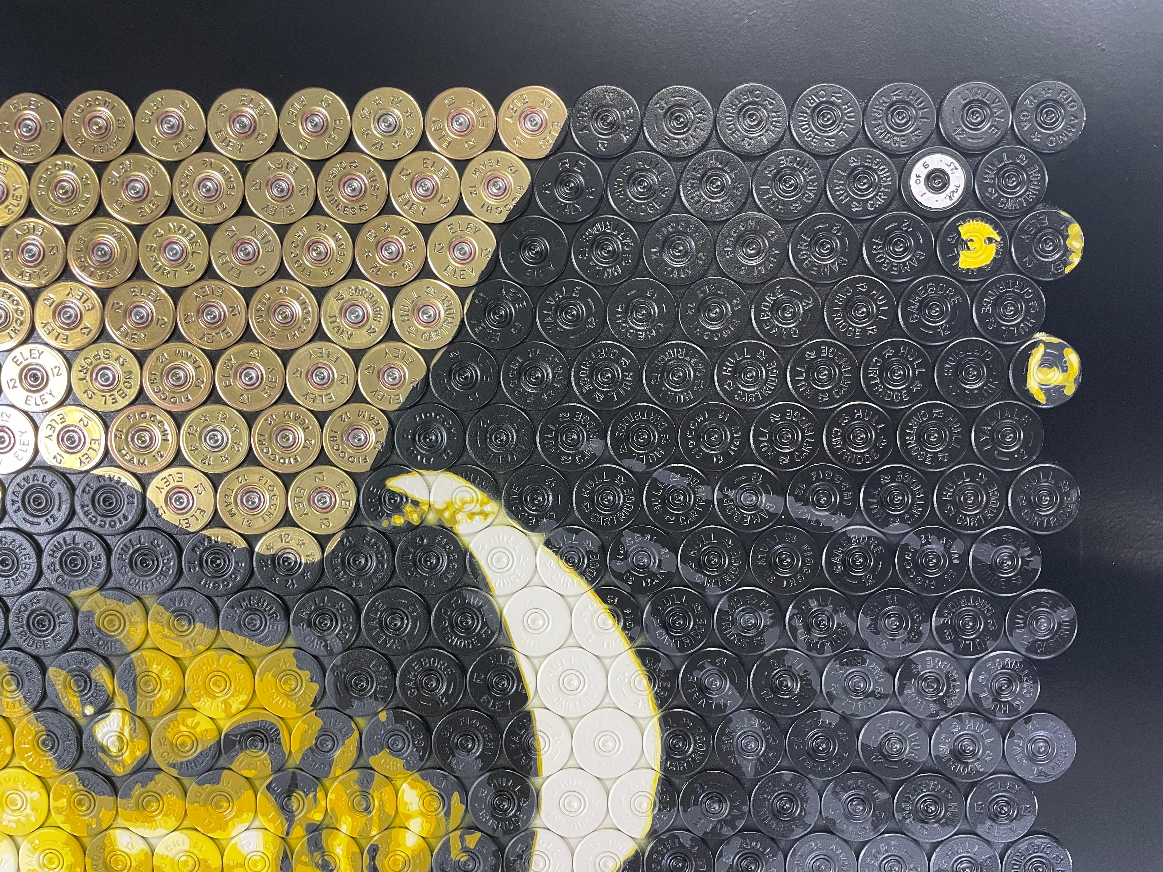 Jasper Leadbeater, Der Koch, 2025

Sprühfarbe und Schrotpatronen ergeben zusammen The Chef. Raekwon, Corey Woods, The Chef, in Gelbtönen gehalten, erhebt sich groß in diesem unglaublichen, einzigartigen Kunstwerk. 

Durch die Verwendung von