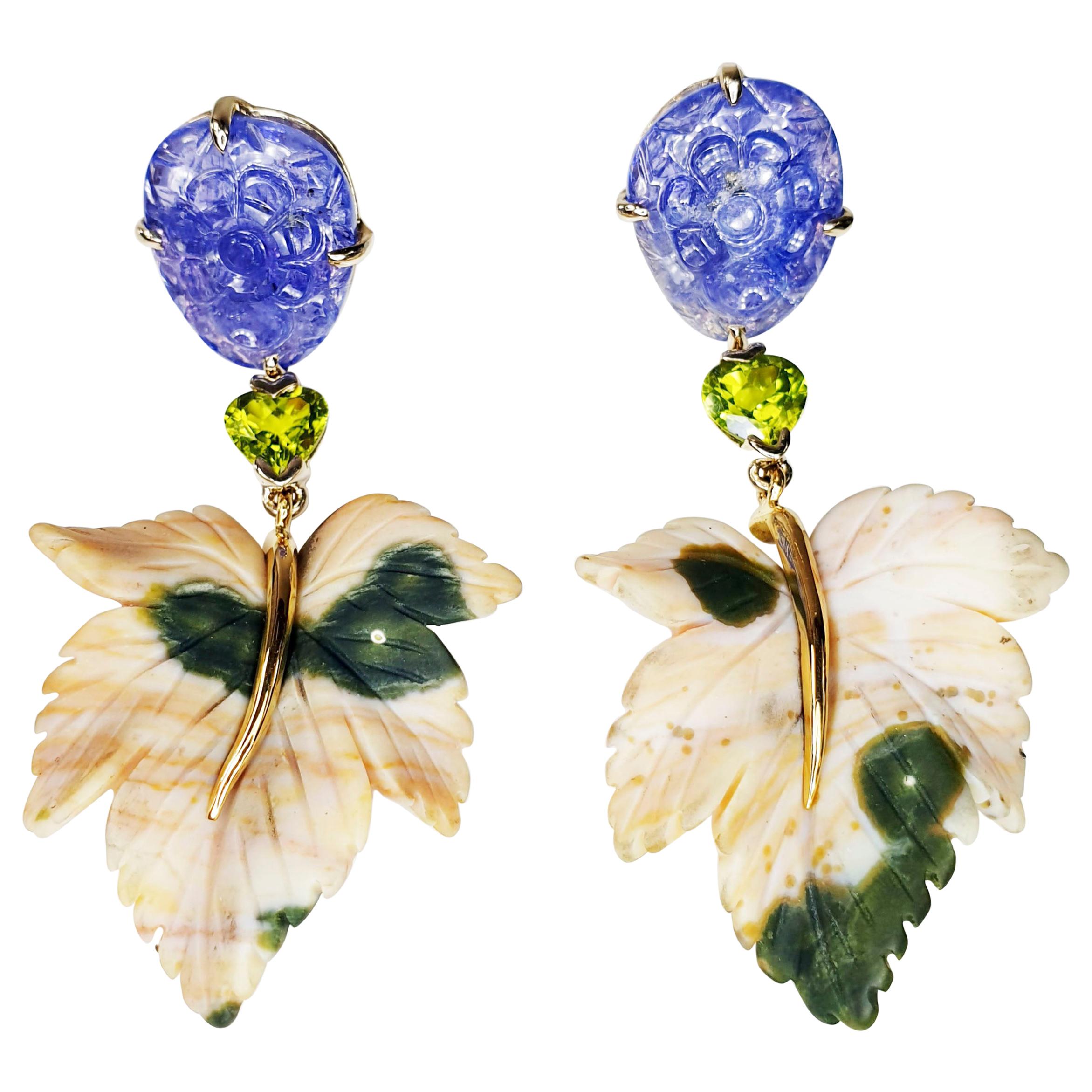 Jasper Leafs Carved Tanzanites Peridote in Yellow and White 18k Gold Earrings For Sale