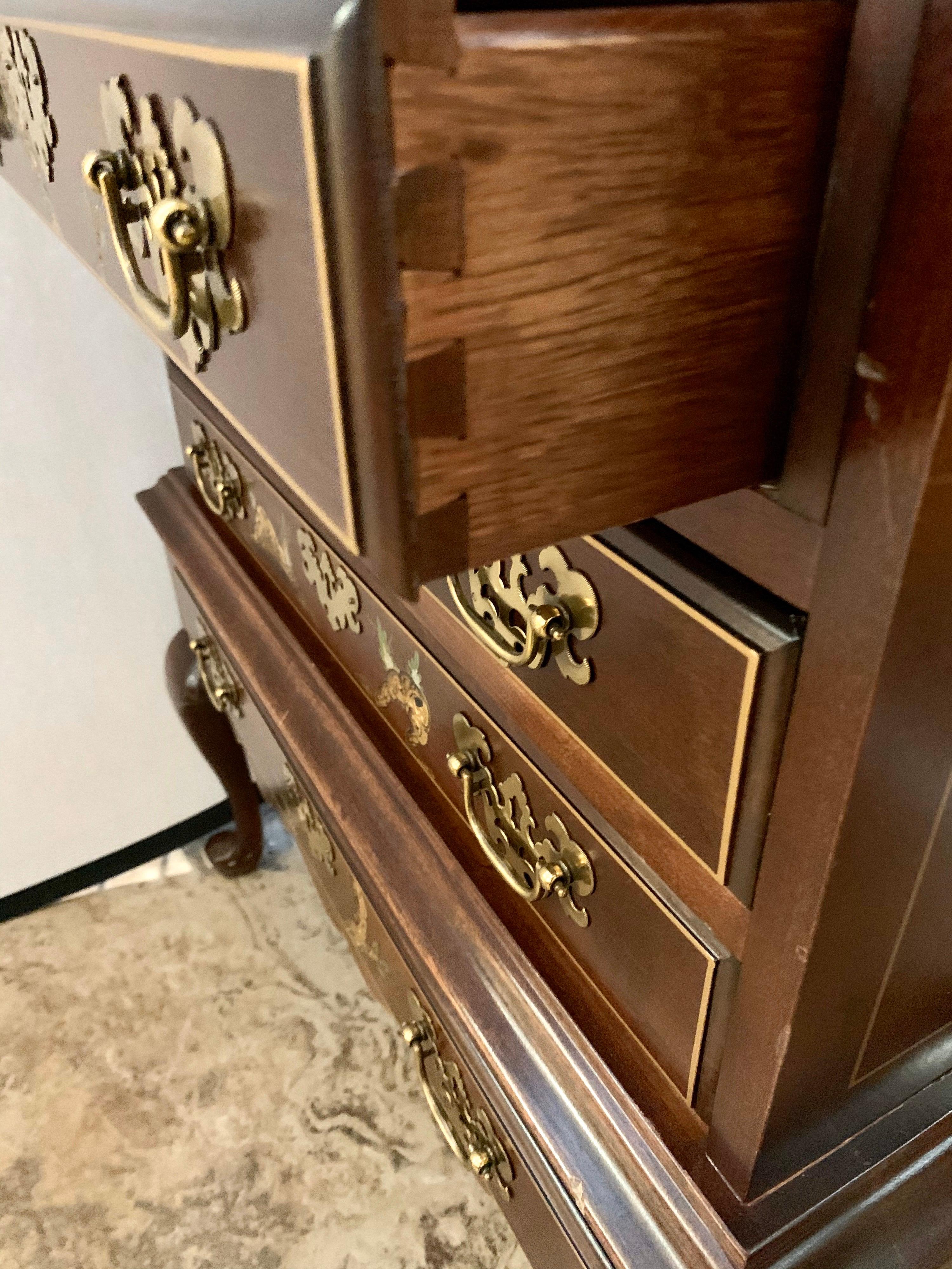 Glass Jasper Midcentury Chinoiserie Hand Painted Secretary Desk Display Cabinet
