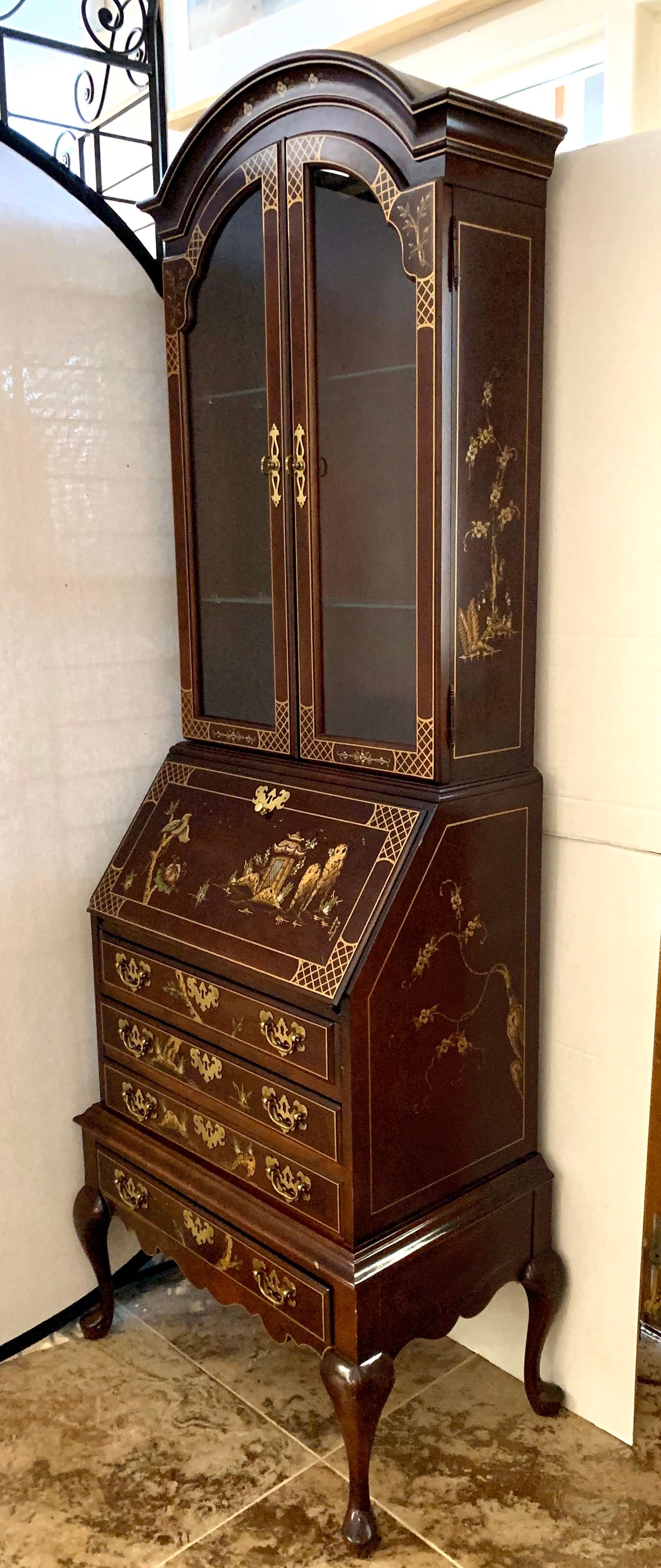 Jasper Midcentury Chinoiserie Hand Painted Secretary Desk Display Cabinet 1