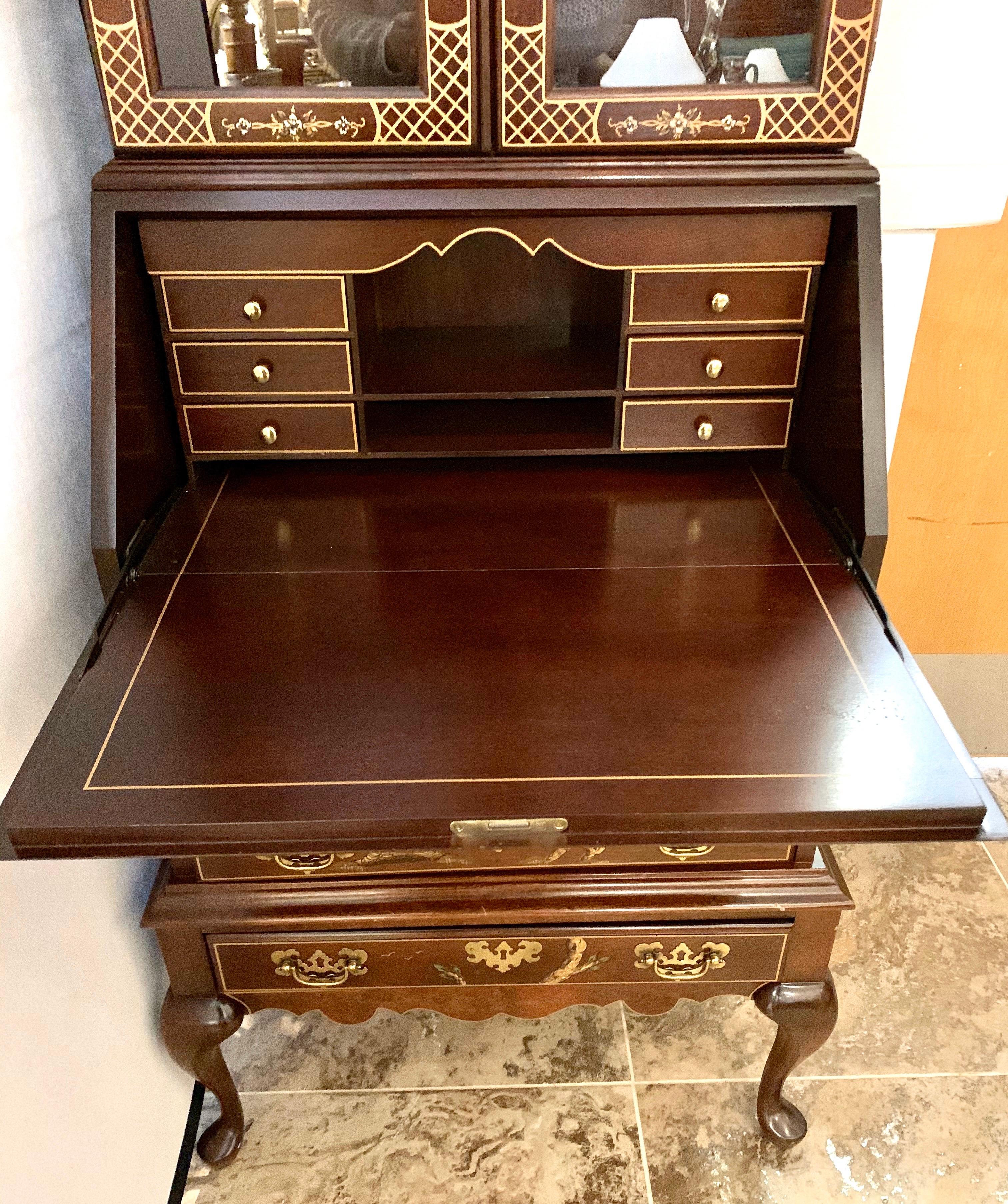 American Jasper Midcentury Chinoiserie Hand Painted Secretary Desk Display Cabinet