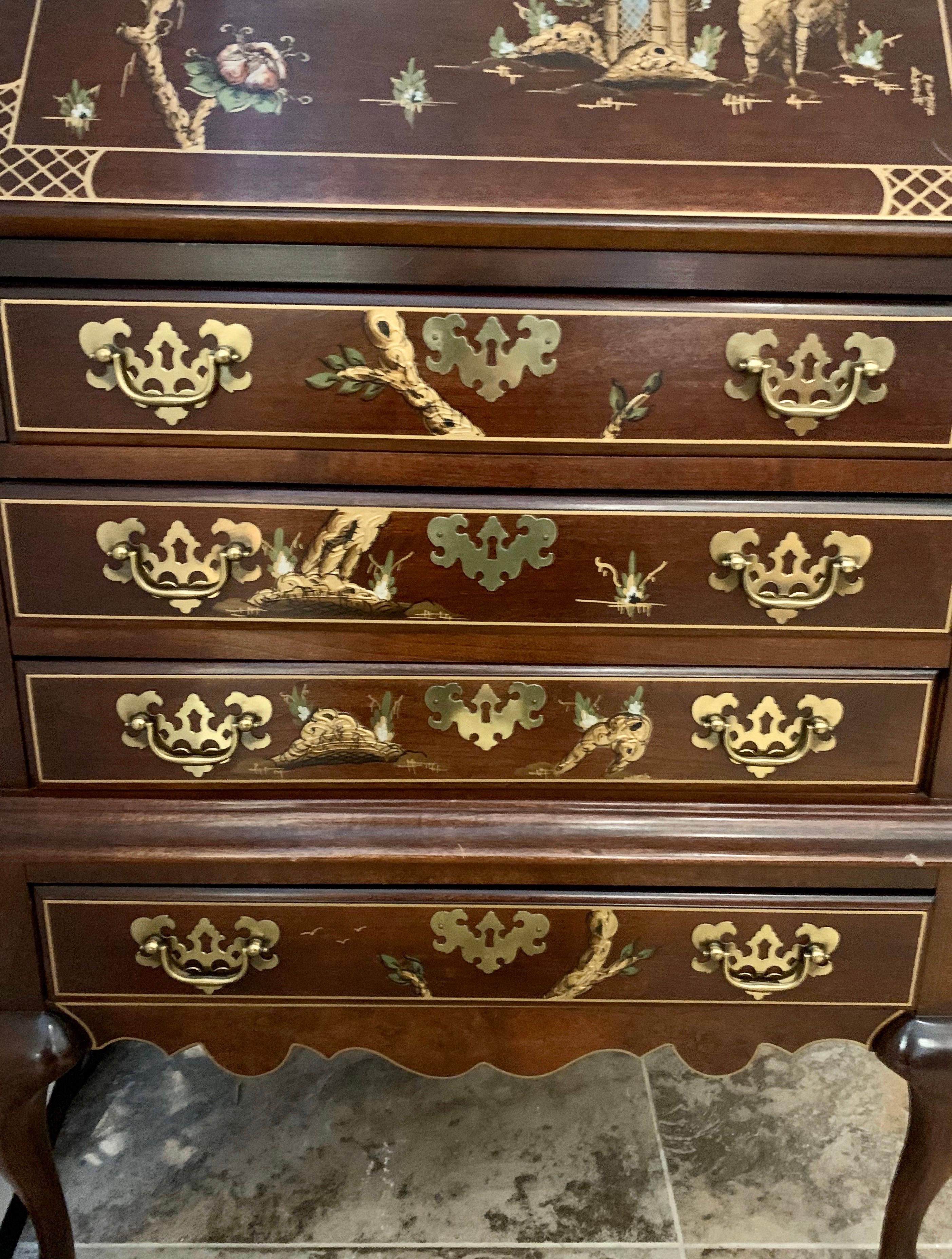 Late 20th Century Jasper Midcentury Chinoiserie Hand Painted Secretary Desk Display Cabinet