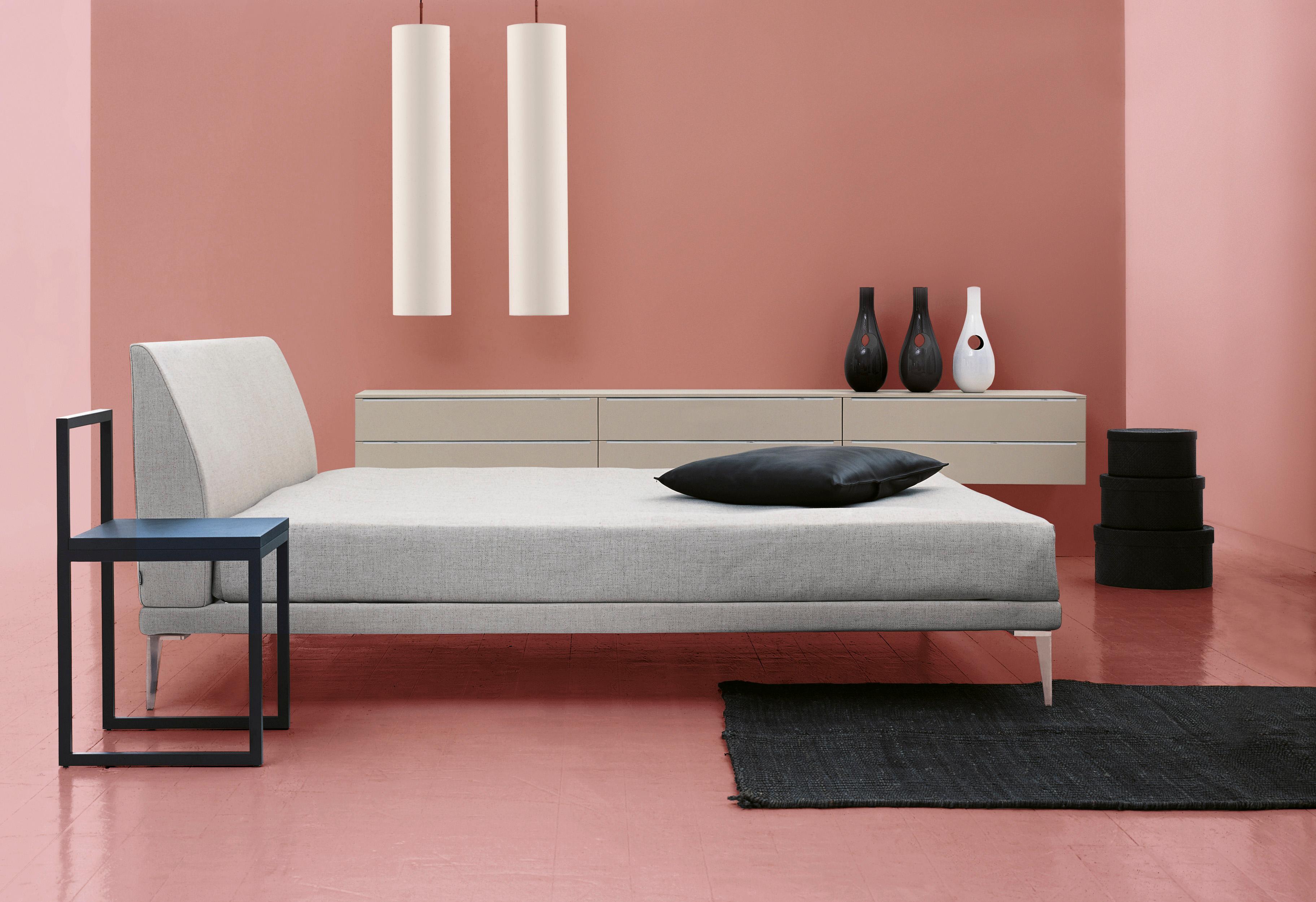Characterized by the authentic appeal of a true archetype, bed by Jasper Morrison has held a well-earned place in the Cappellini collection for nearly 30 years. This padded bed has a metal and wood frame with staves, the padding is in multi-density