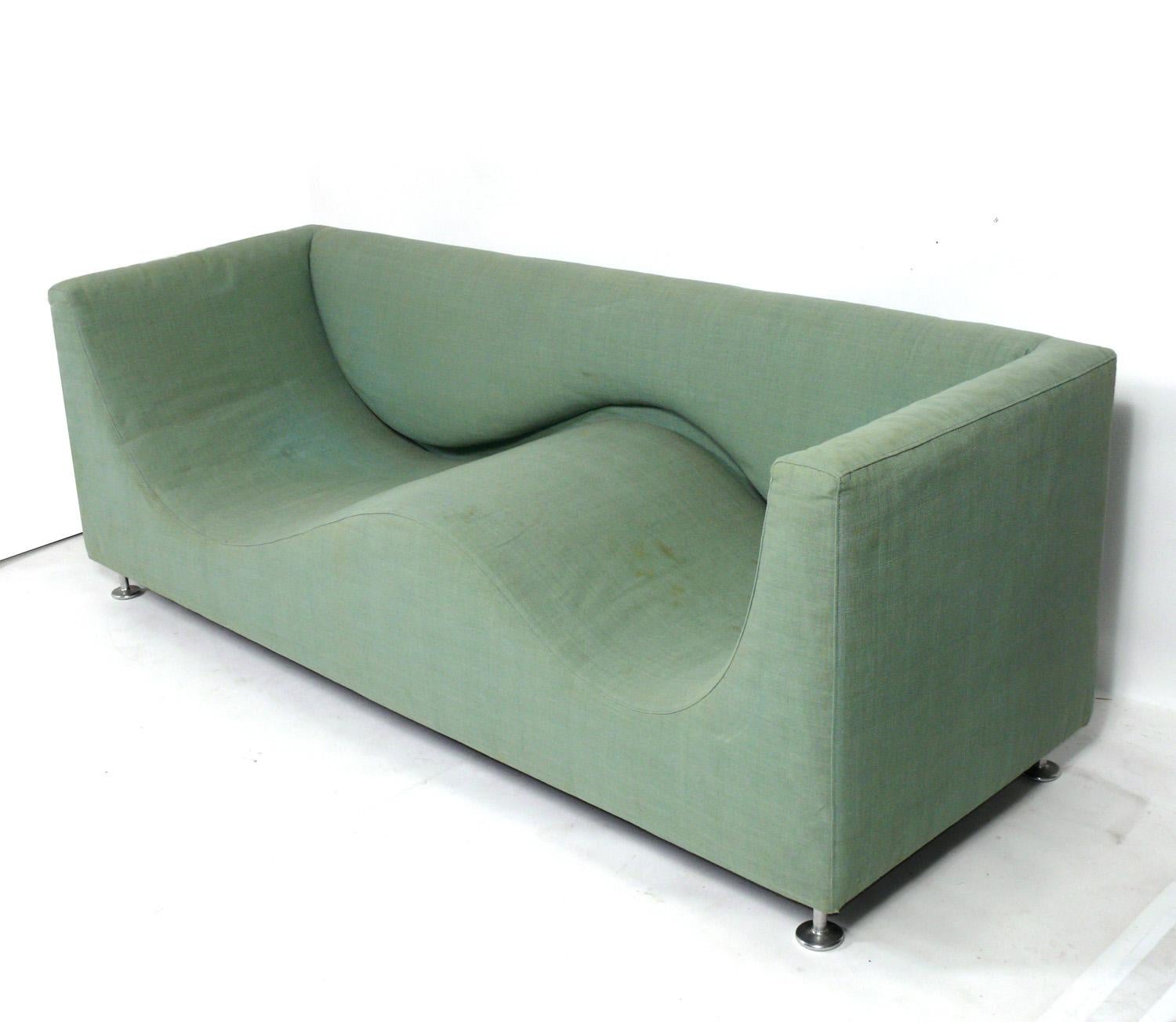 Sculptural post modern sofa, designed by Jasper Morrison for Cappellini, Italy, circa 1990s. This sofa retains it's original upholstery which has some spots and wear. It should be reupholstered unless you really like the vintage look. If you choose