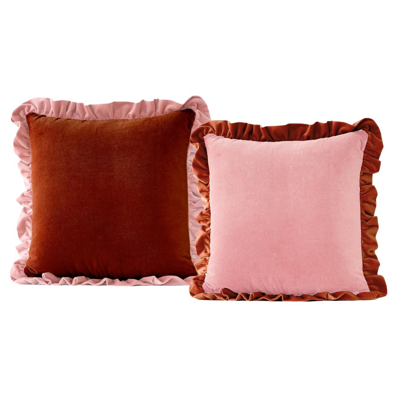 Jasper Pink and Brick Ruffled - Set of 2 Velvet Deluxe Handmade Cushions
