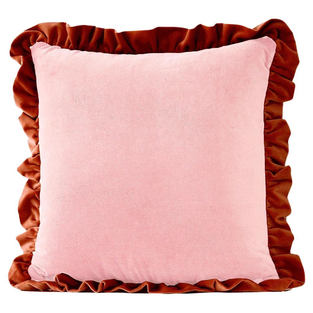 Jasper Pink and Brick Ruffled Velvet Deluxe Handmade Decorative Pillow