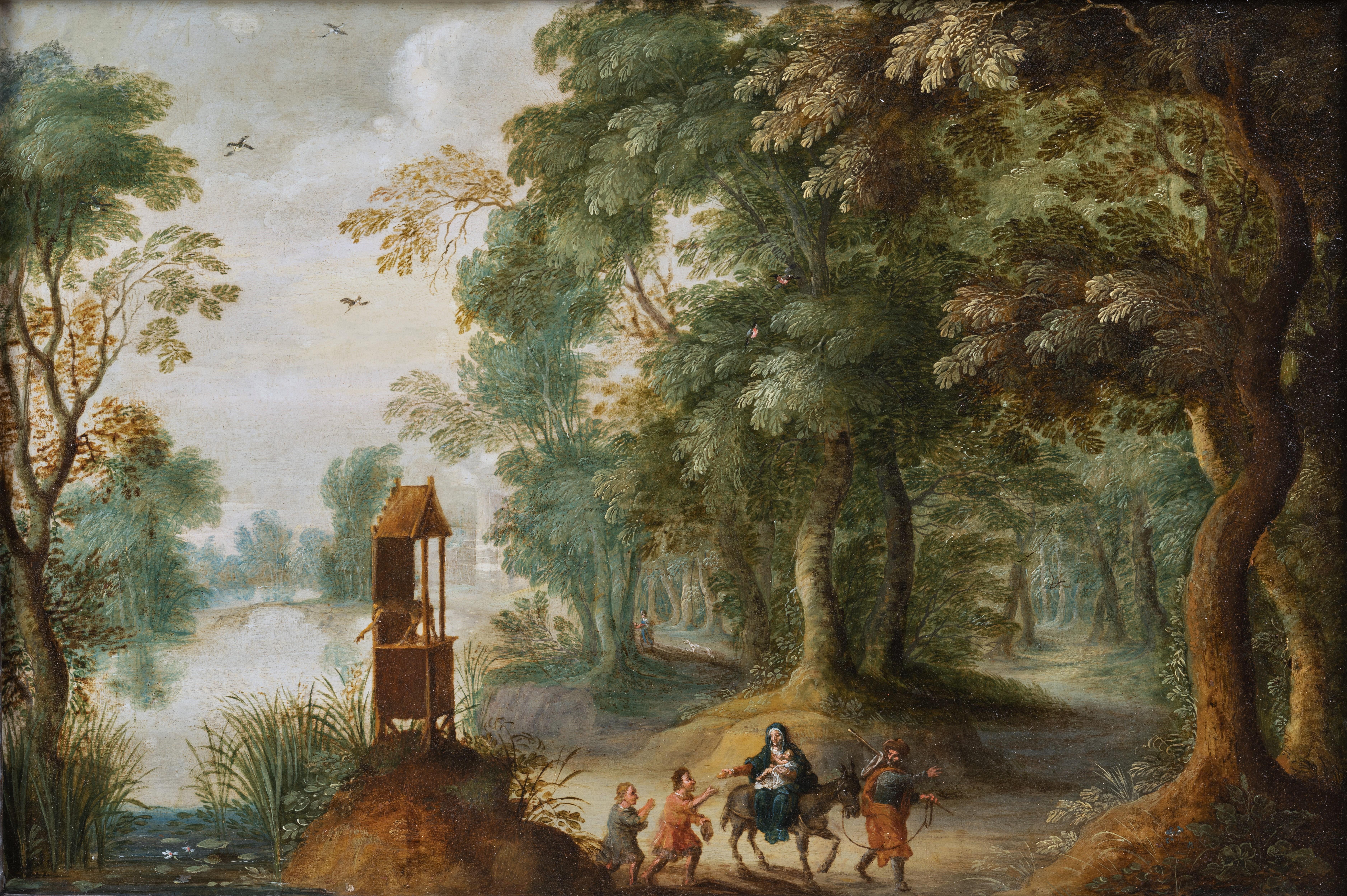 17th c. Flemish - Landscape with Flight to Egypt - Antwerp circa 1630 - Painting by Jasper Van der Lanen