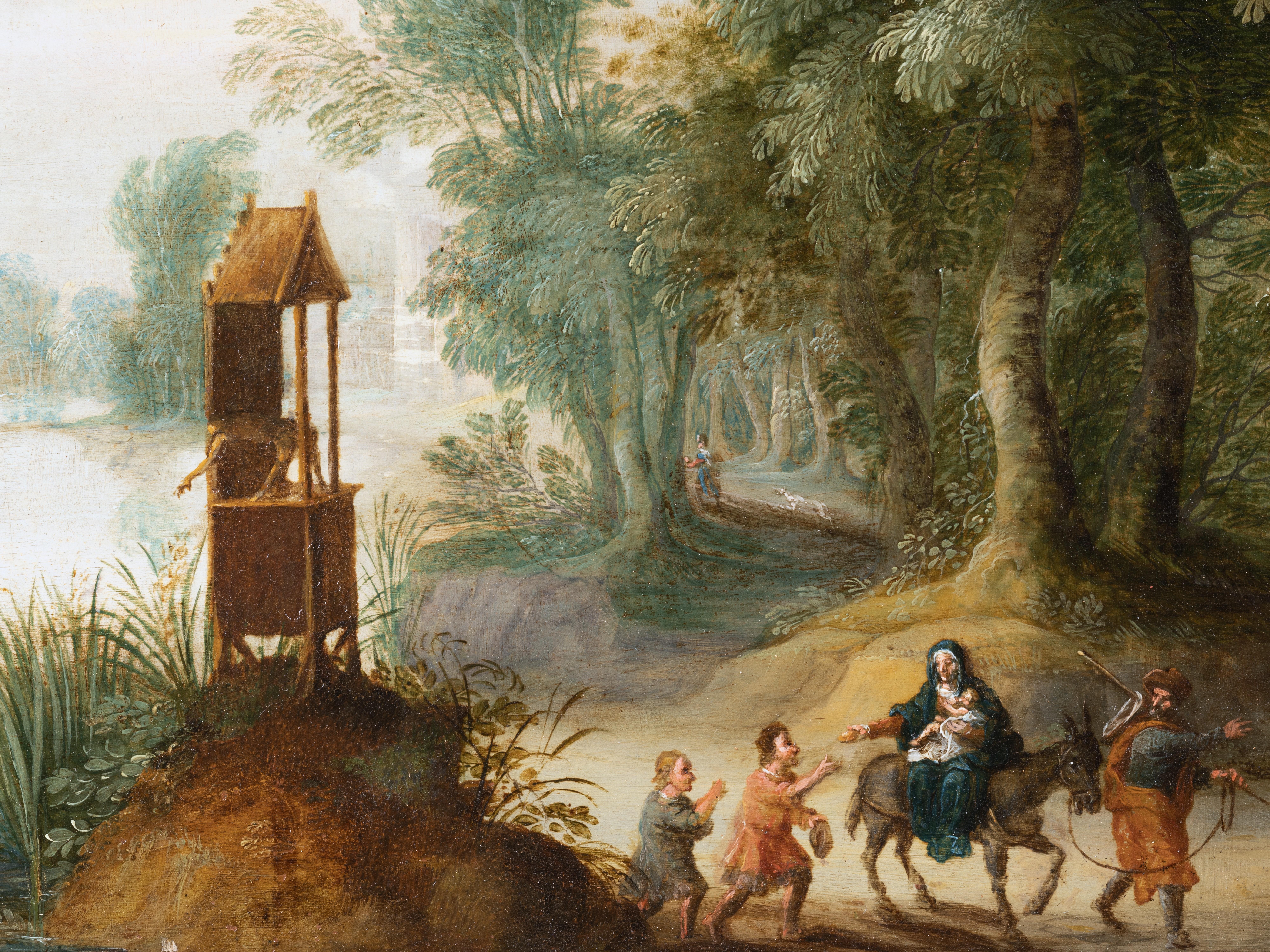 LANDSCAPE WITH FLIGHT TO EGYPT,
JASPER VAN DER LANEN  (ANTWERP, 1585 - 1634)
17TH CENTURY FLEMISH SCHOOL
ANTWERP CIRCA 1630

Oil on copper, dimensions: h. 10.23 in, w. 14.96 in
Flemish style frame in ebonized wood adorned with wavy moldings and wood