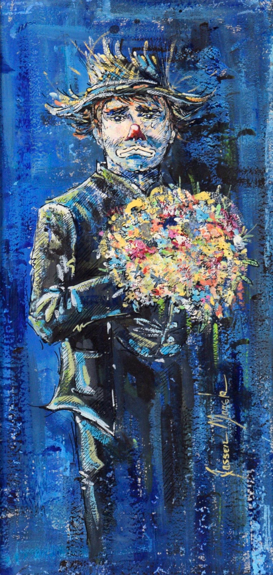 Jassen Marek Portrait Painting - Clown with Birthday Bouquet - Oil and Ink on Cardstock