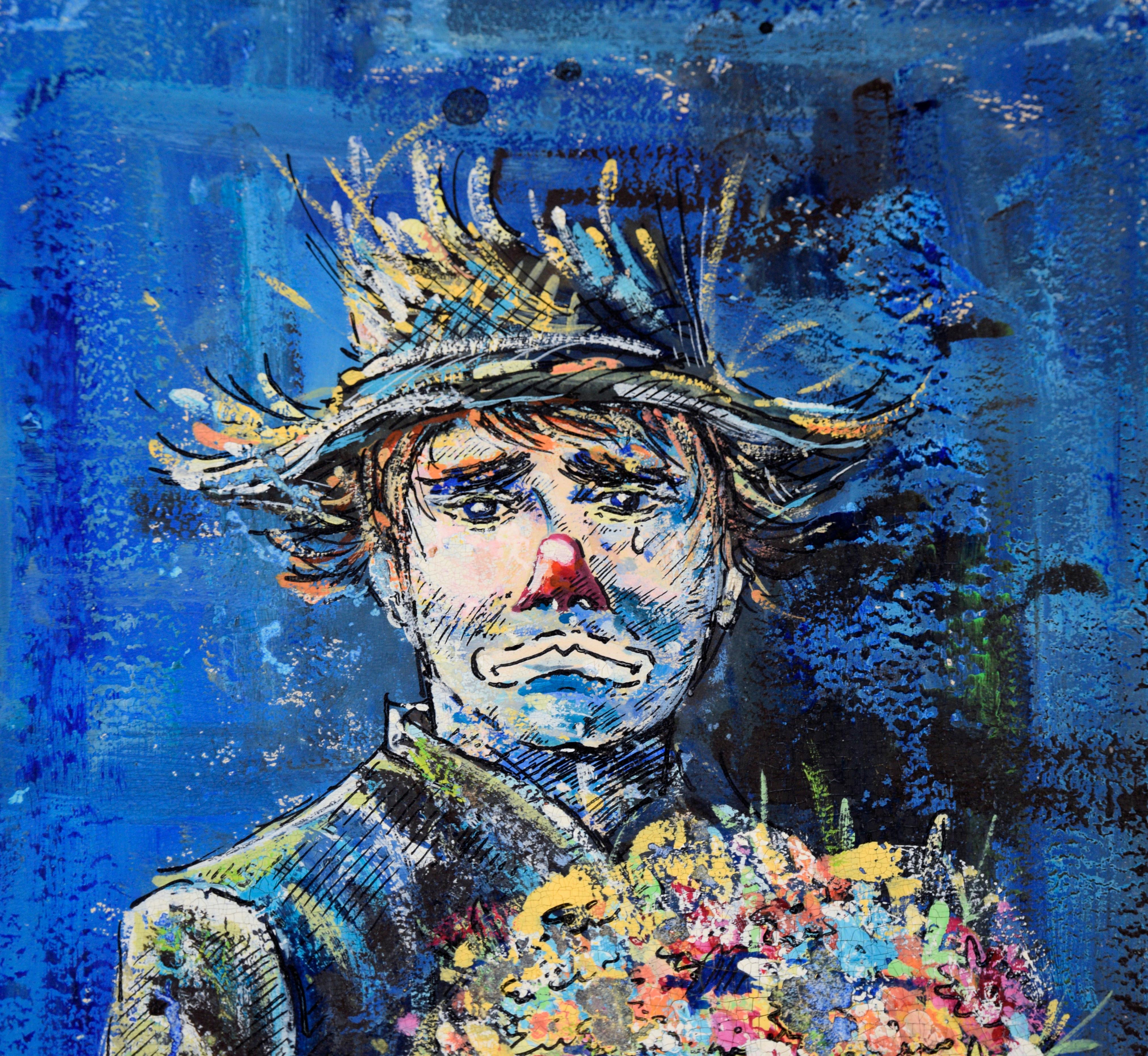 Clown with Birthday Bouquet - Oil and Ink on Cardstock - Painting by Jassen Marek