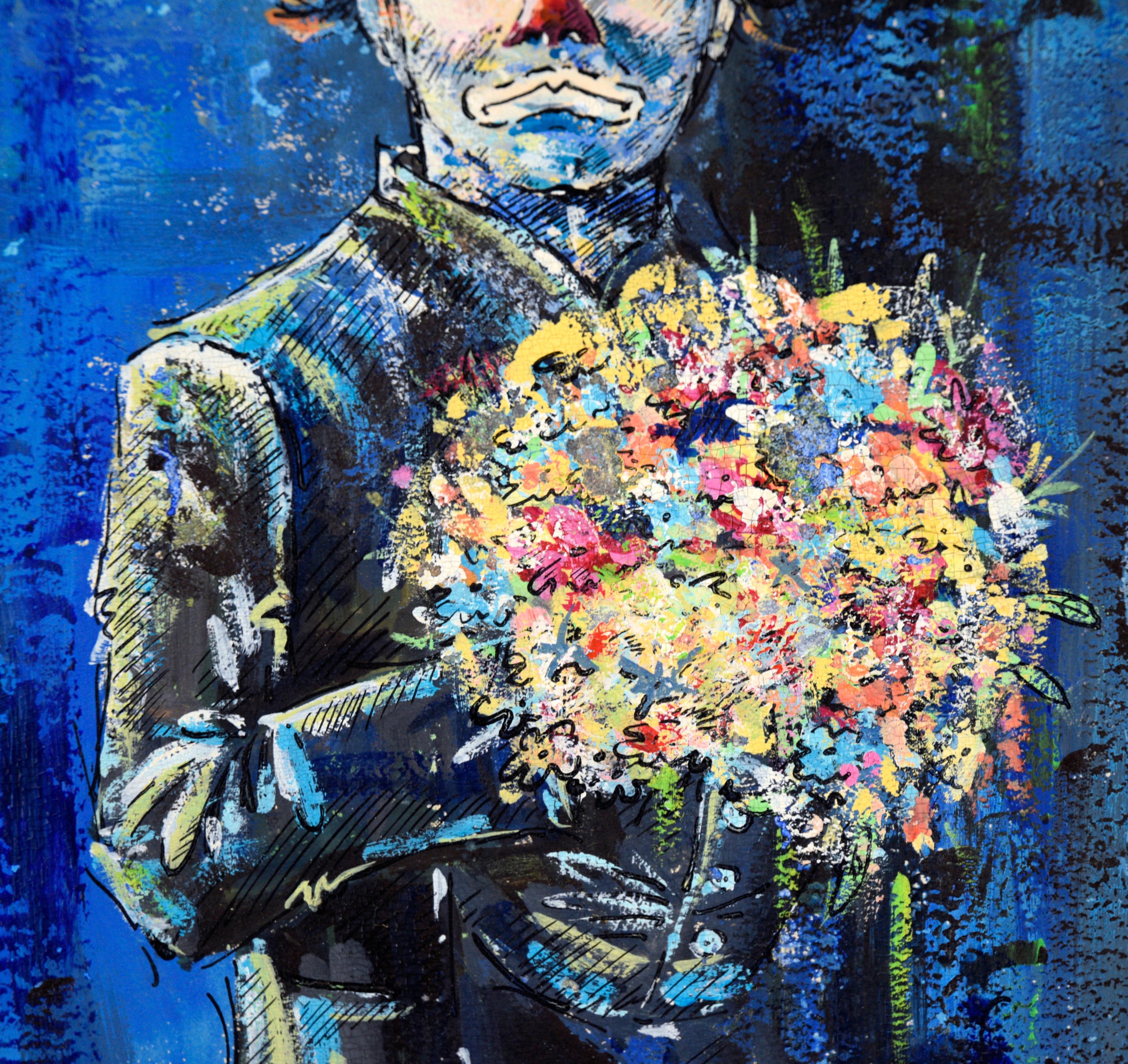 Clown con bouquet di compleanno - Olio e inchiostro su cartoncino - Painting Impressionismo americano di Jassen Marek