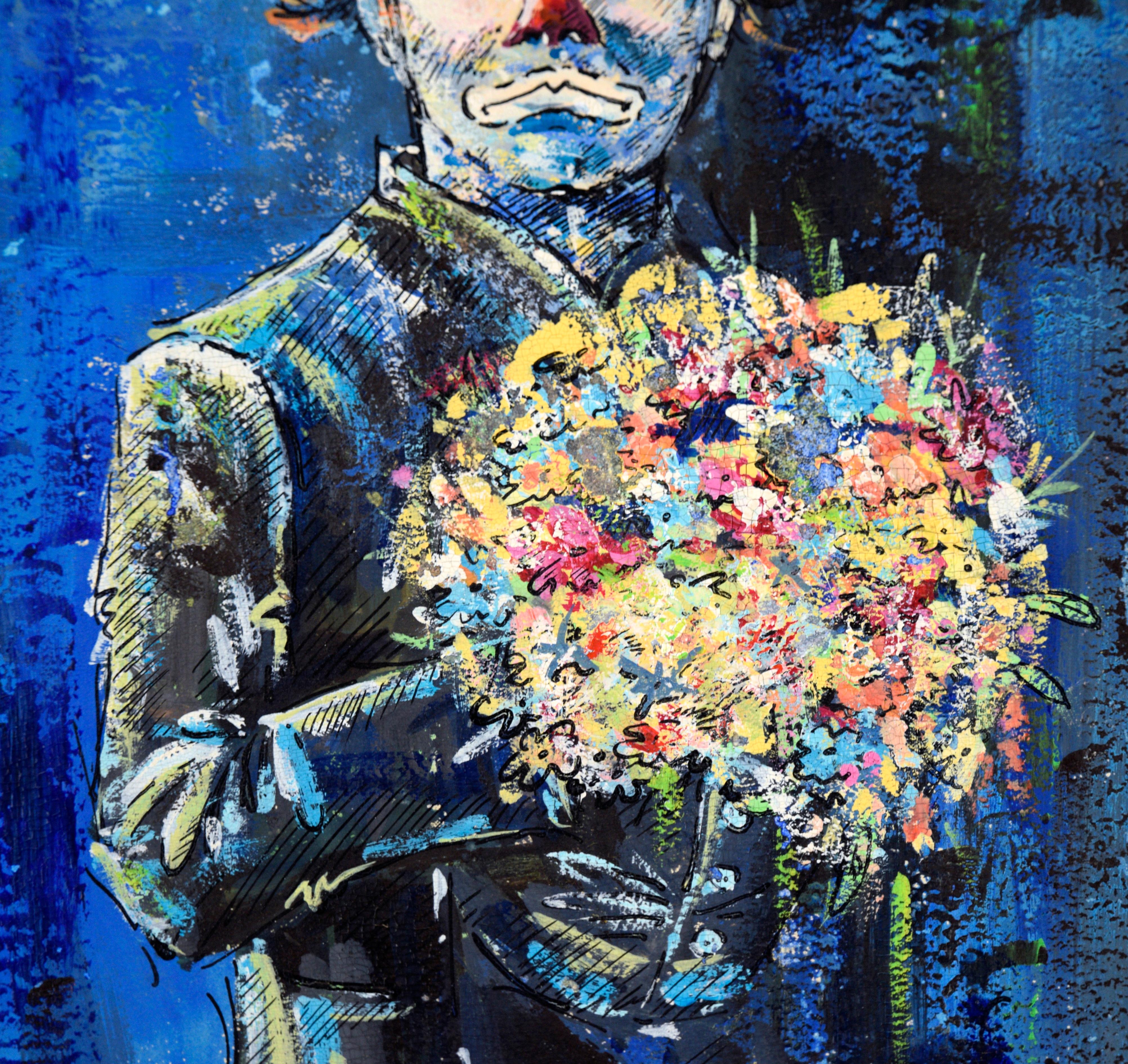 Clown mit Geburtstagsstrauß – Öl und Tinte auf Karton (Amerikanischer Impressionismus), Painting, von Jassen Marek