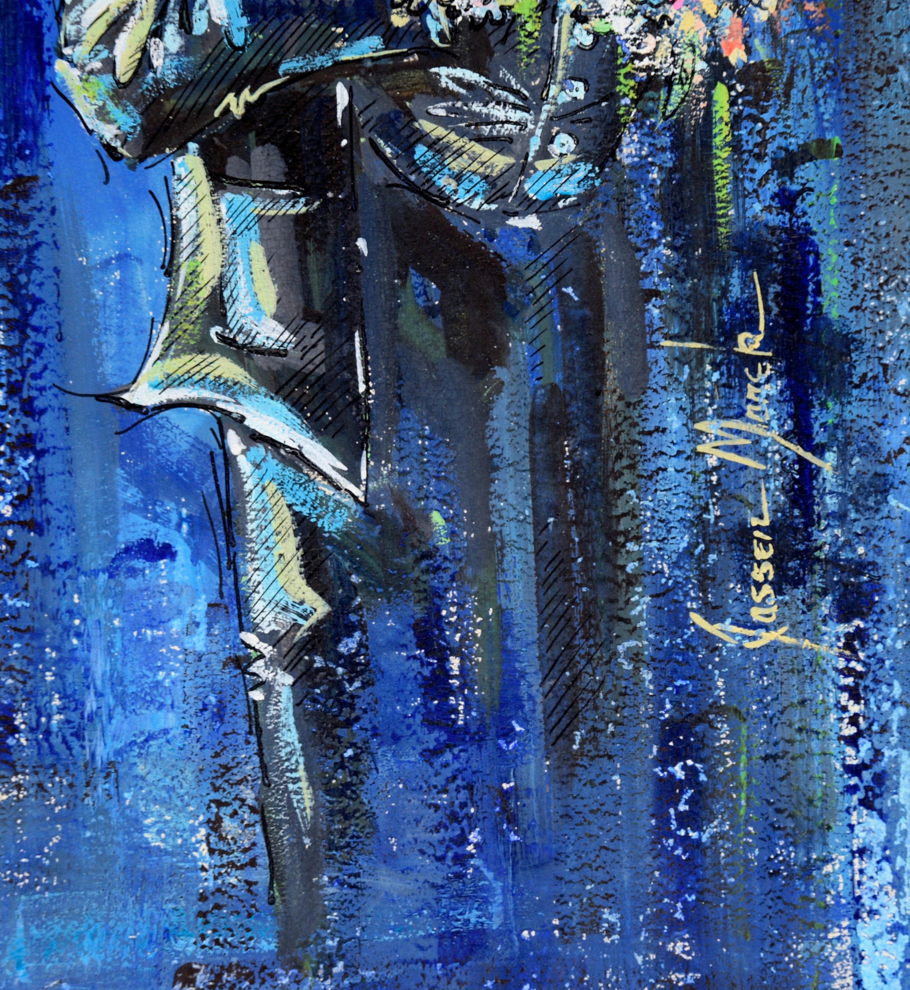 Clown mit Geburtstagsstrauß – Öl und Tinte auf Karton (Blau), Portrait Painting, von Jassen Marek