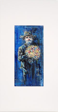 Clown with Birthday Bouquet - Oil and Ink on Cardstock