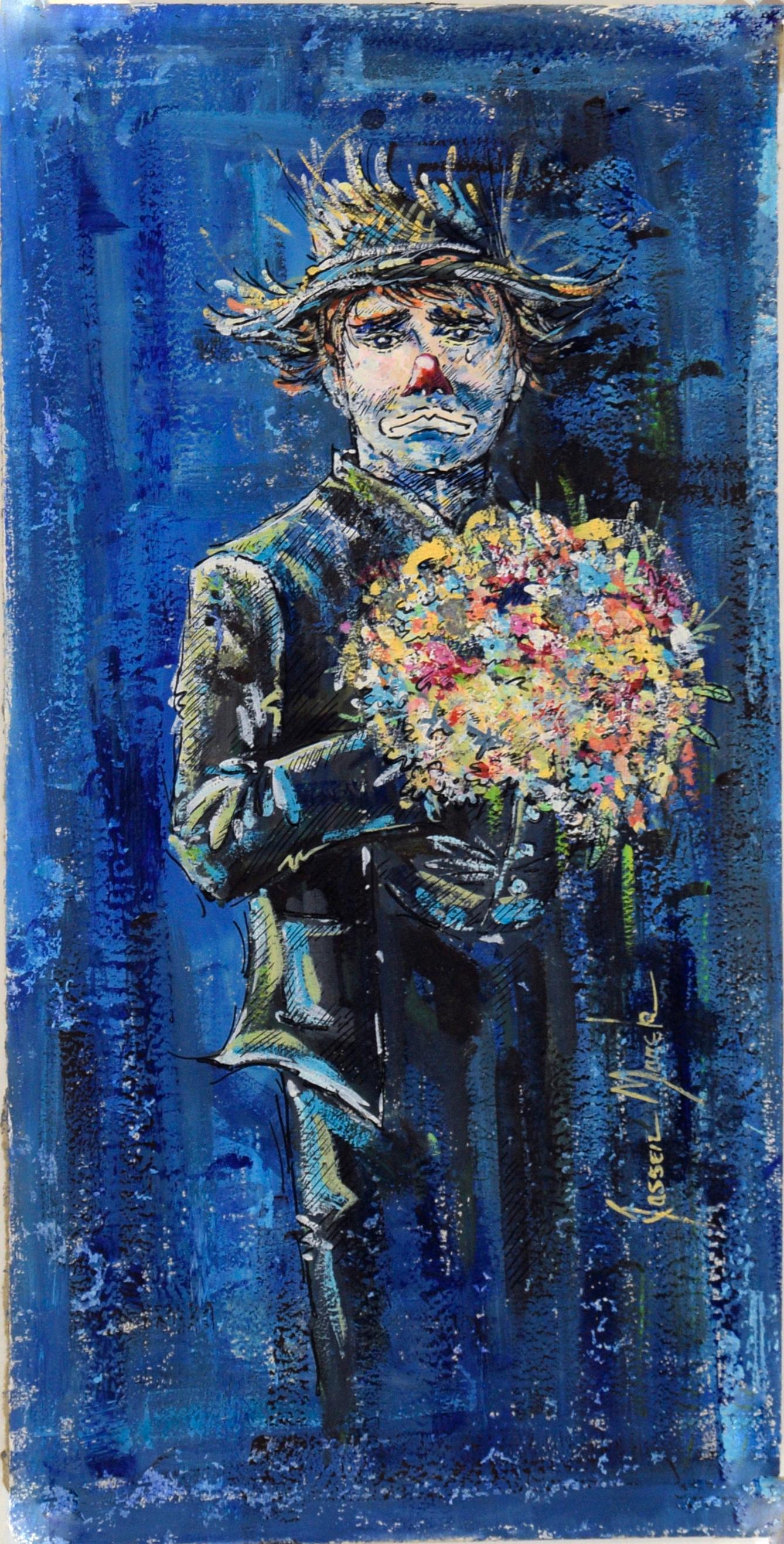 Clown with Bouquet - Acrylic and Ink on Cardstock

Colorful portrait of a clown holding a bouquet of flowers by Jassen Marek (20th Century). A sad clown in a suit with a straw hat holds a bouquet of flowers. The background is a rich blue, creating a