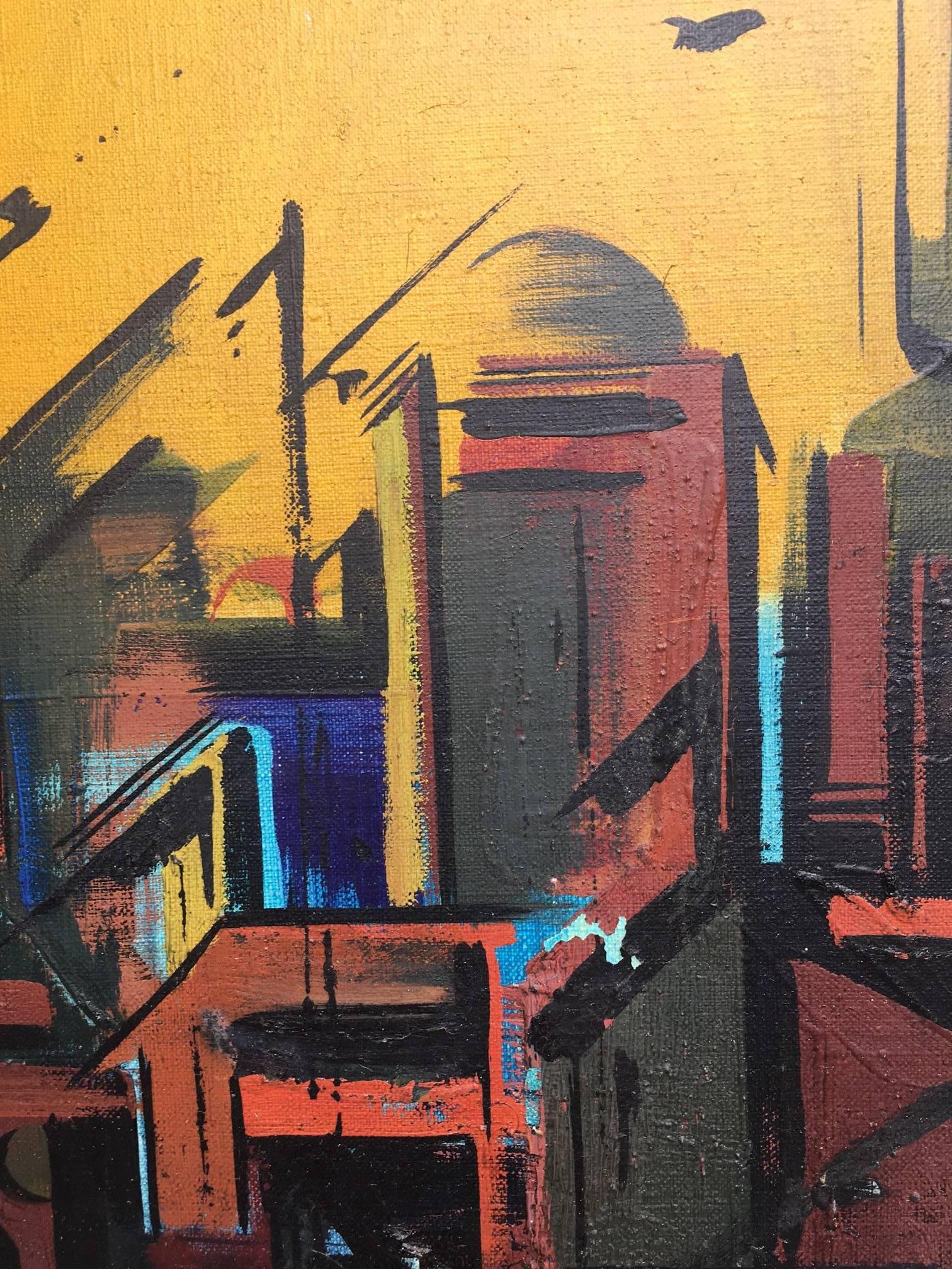 GENOVART  City Vertical Small original surrealist canvas acrylic painting - Abstract Painting by Jaume Genovart